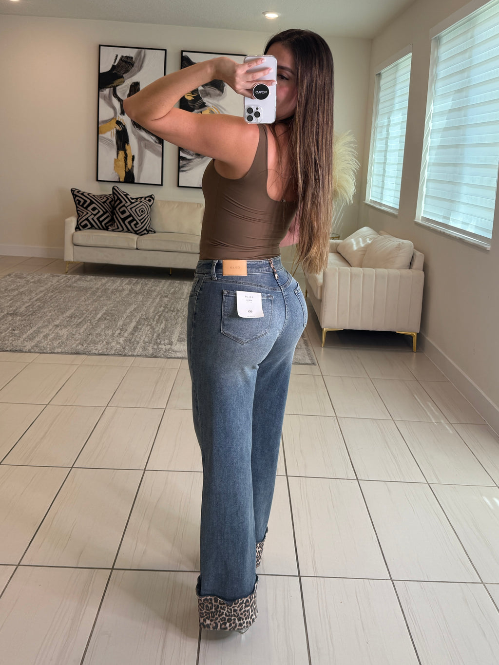 Power Contrast Denim and Leopard Pants