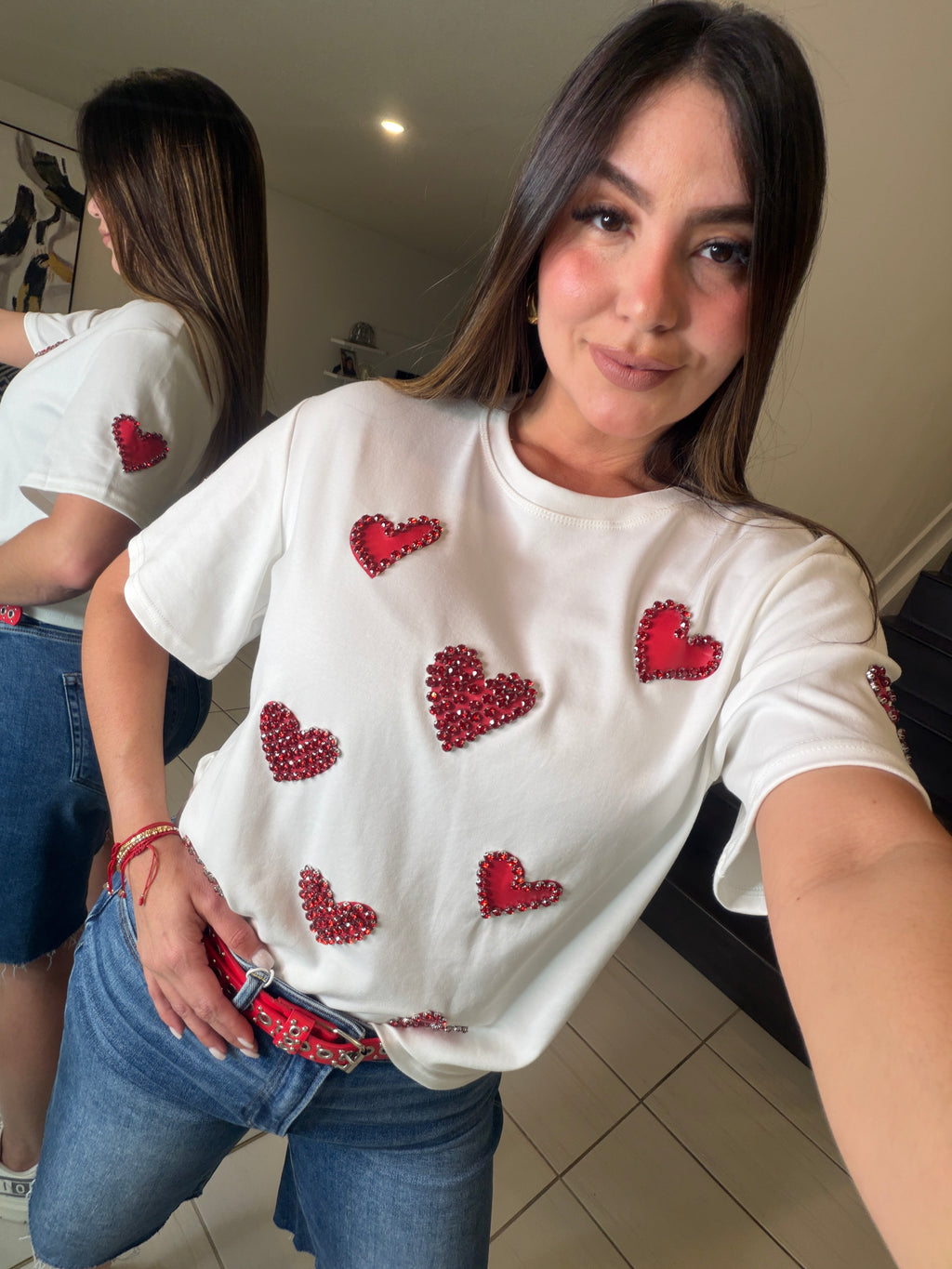 Rhinestones Hearts White Tshirt