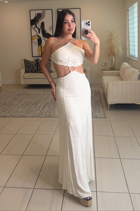 Sunset Strokes Linen White Maxi Dress