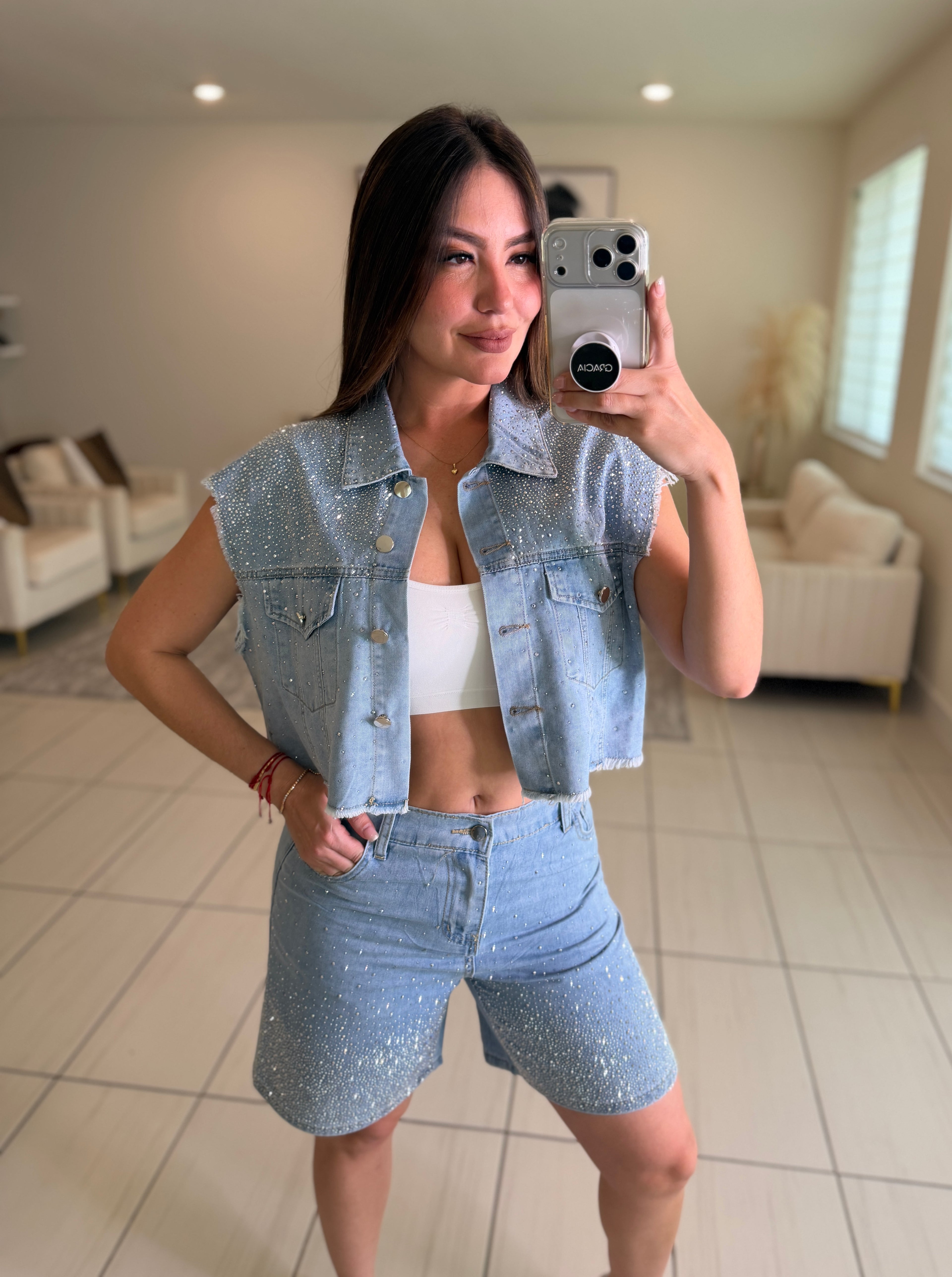 Rhinestones Muse Denim Short Set