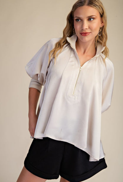 Mock Nek Band Puff Beige Top