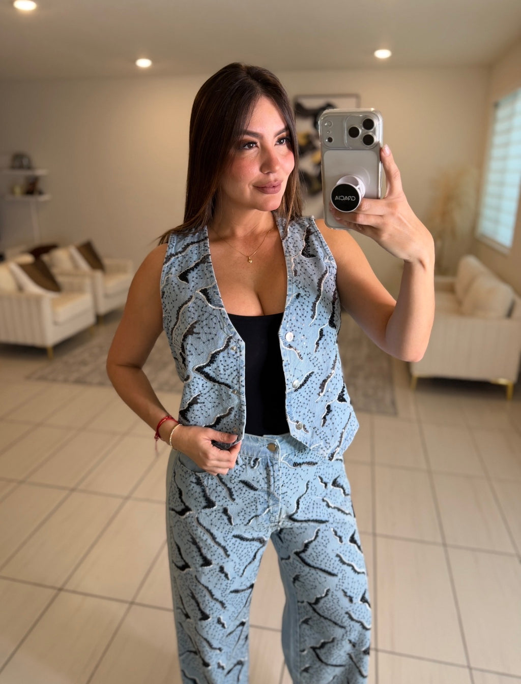 Perfect Sequin Details Denim Pant Set