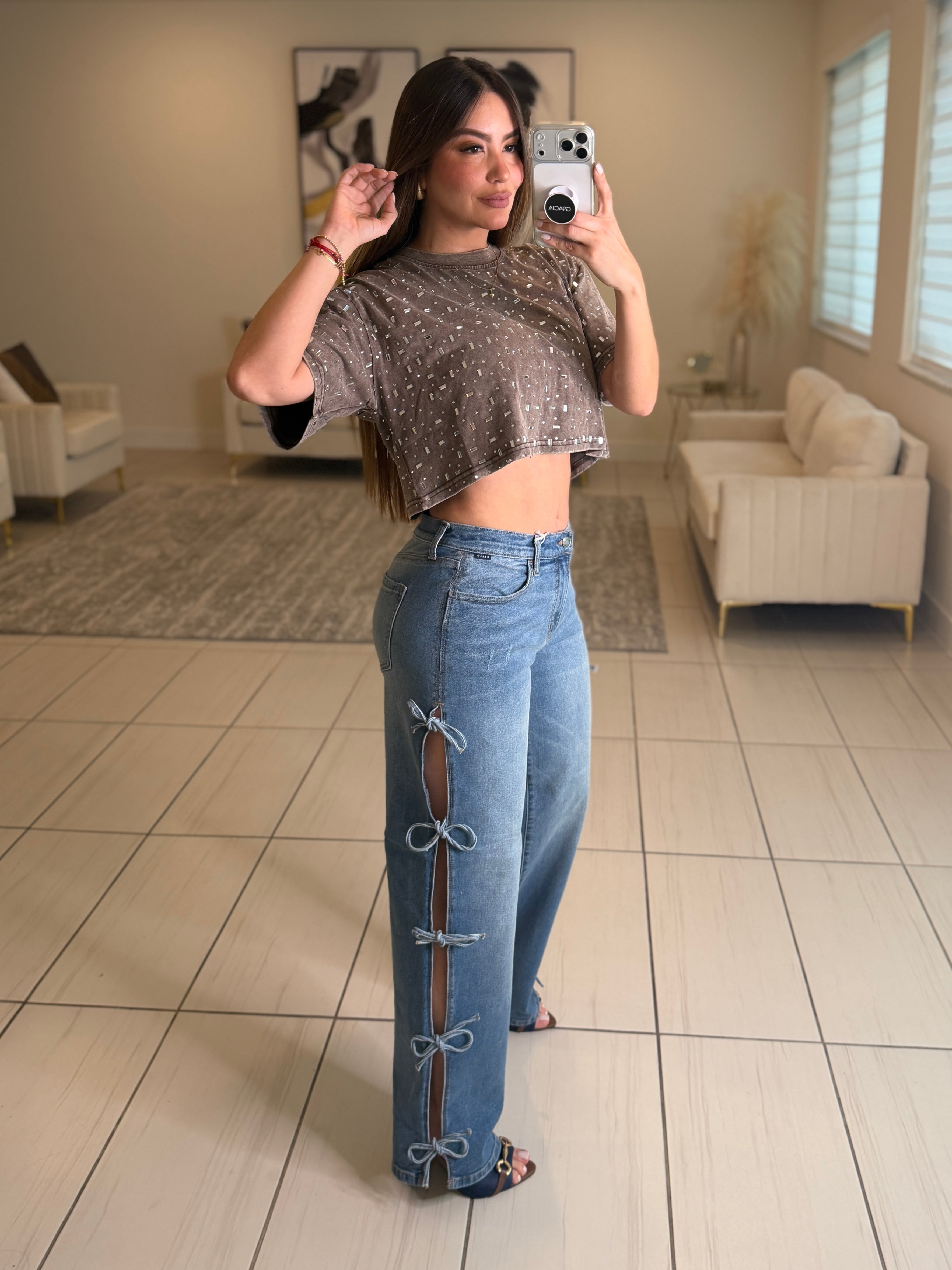 Glow Up Rhinestones Brown Top