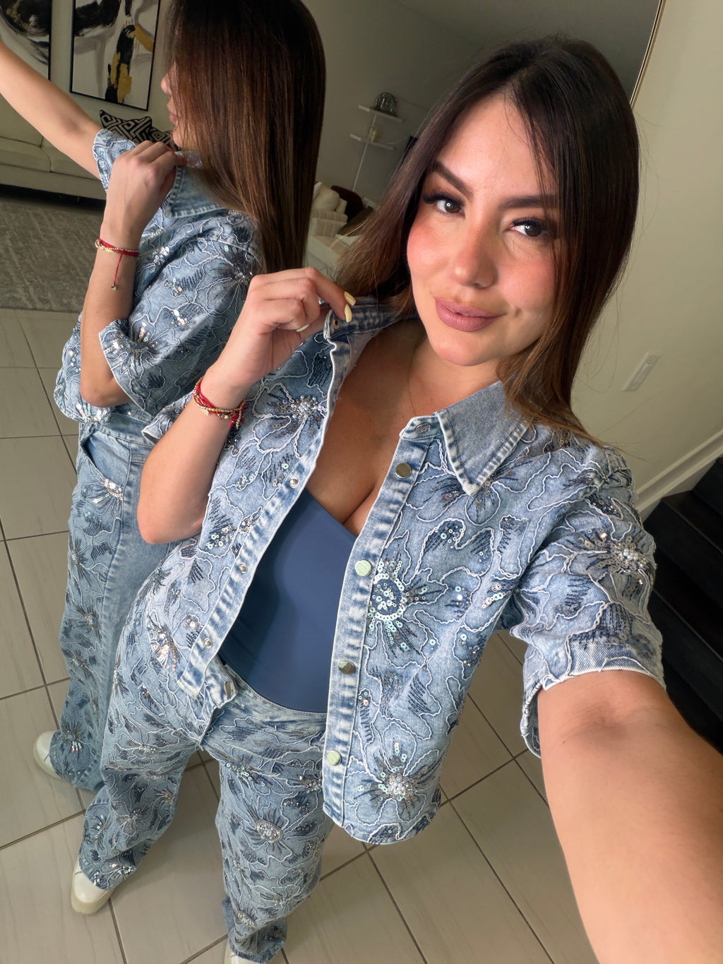 Blossom Sequin Denim Pant Set