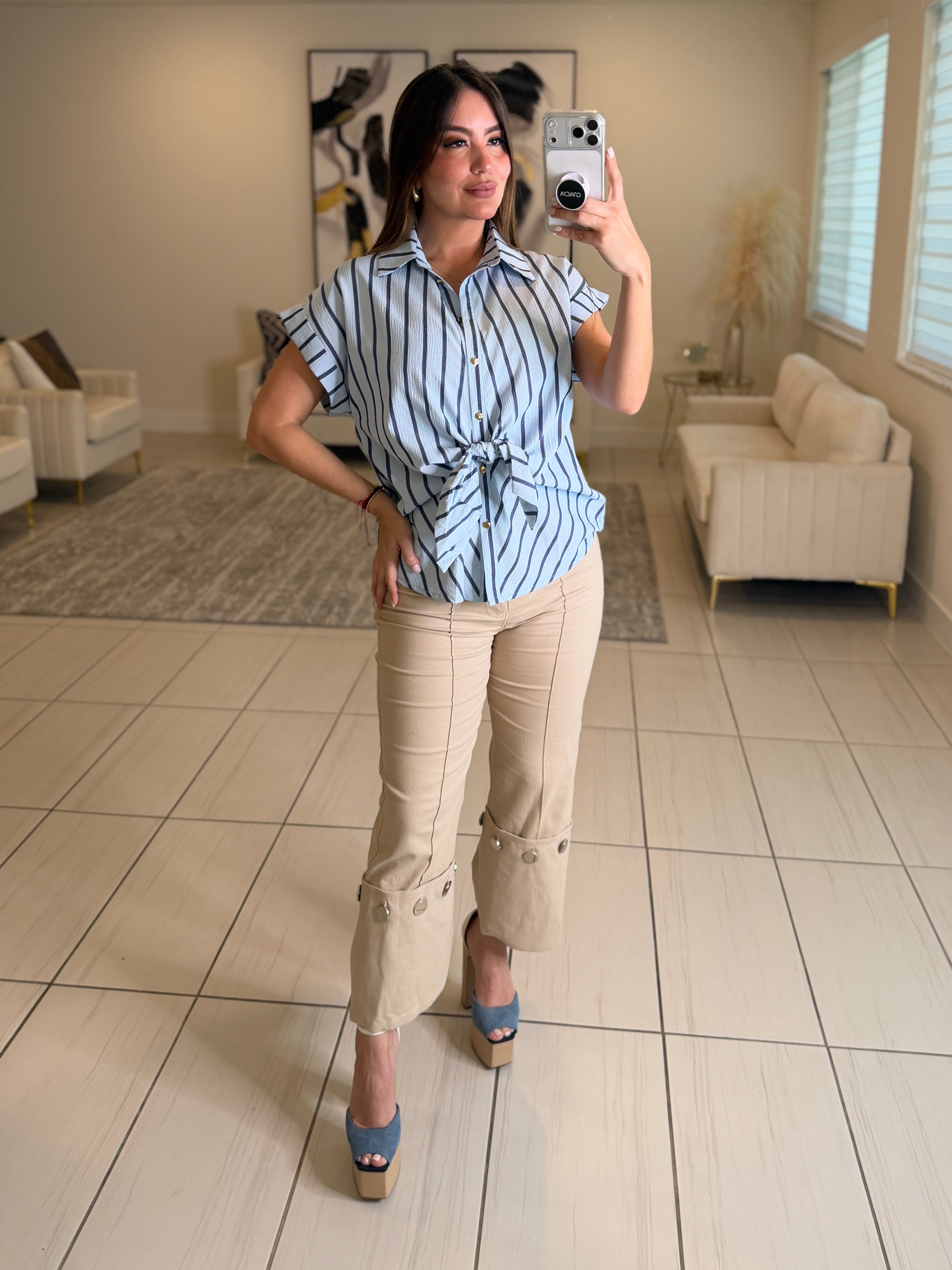 Stunning Silver Buttons Beige Pants