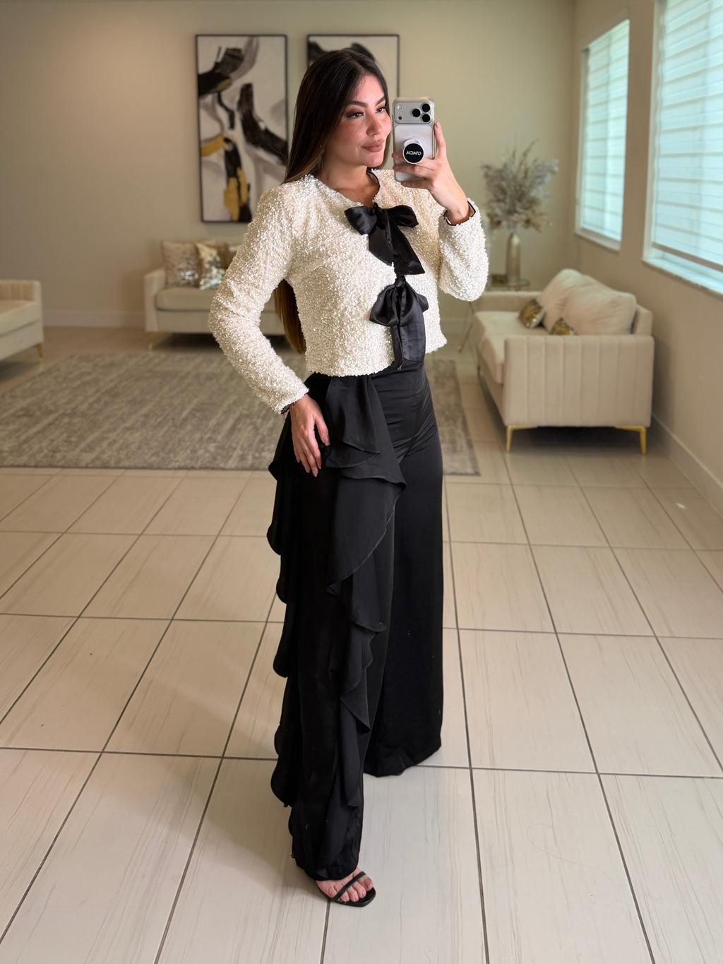 Lustre Bow Sequin White Top