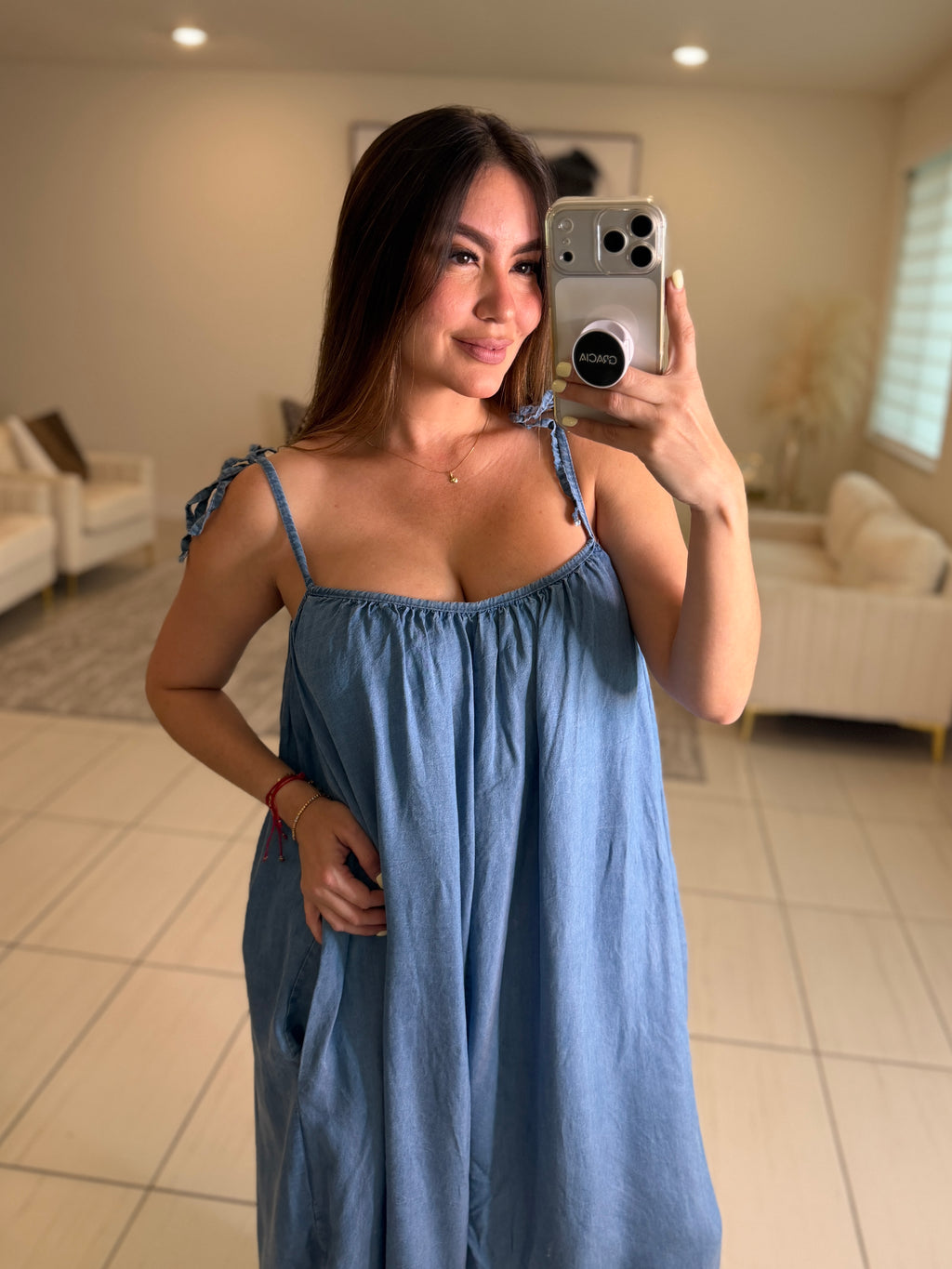 Effortless Essence Ruched Light Denim Jumpsuit
