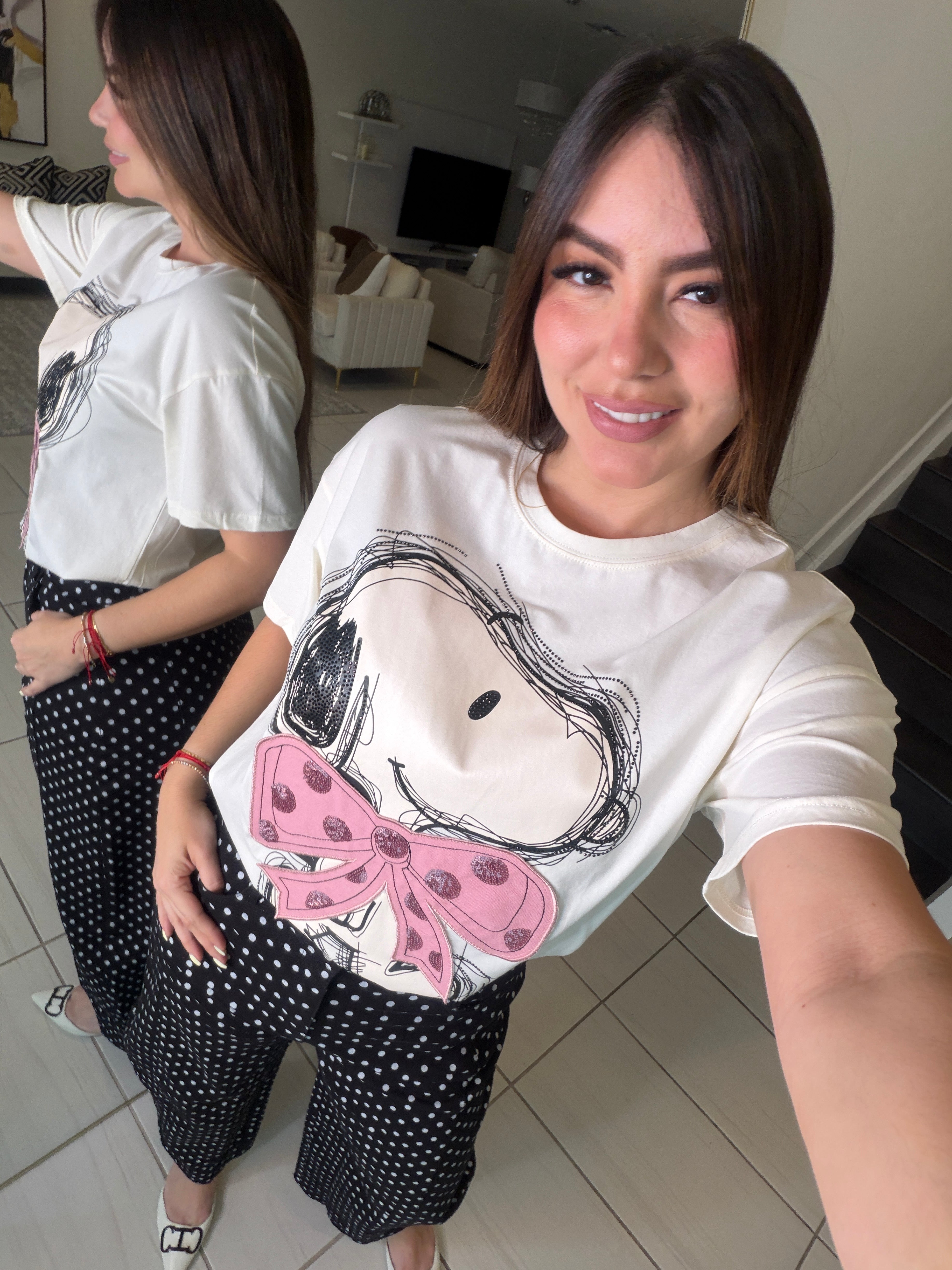 Pink Dots Bow Beige Tshirt
