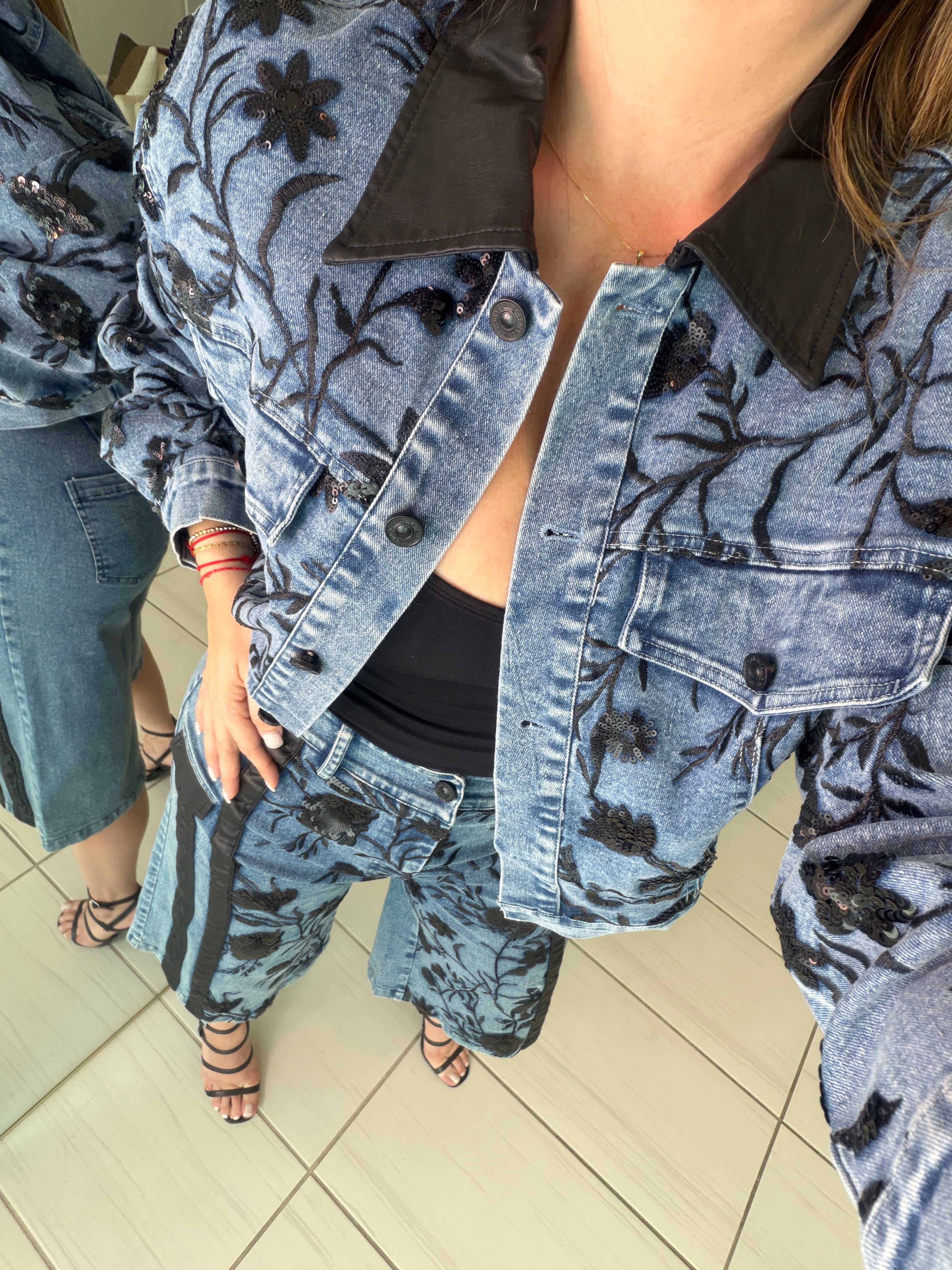 Midnight Bloom Denim Shorts Set