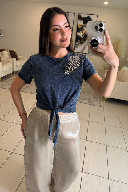 Silver Flowers Blue Top