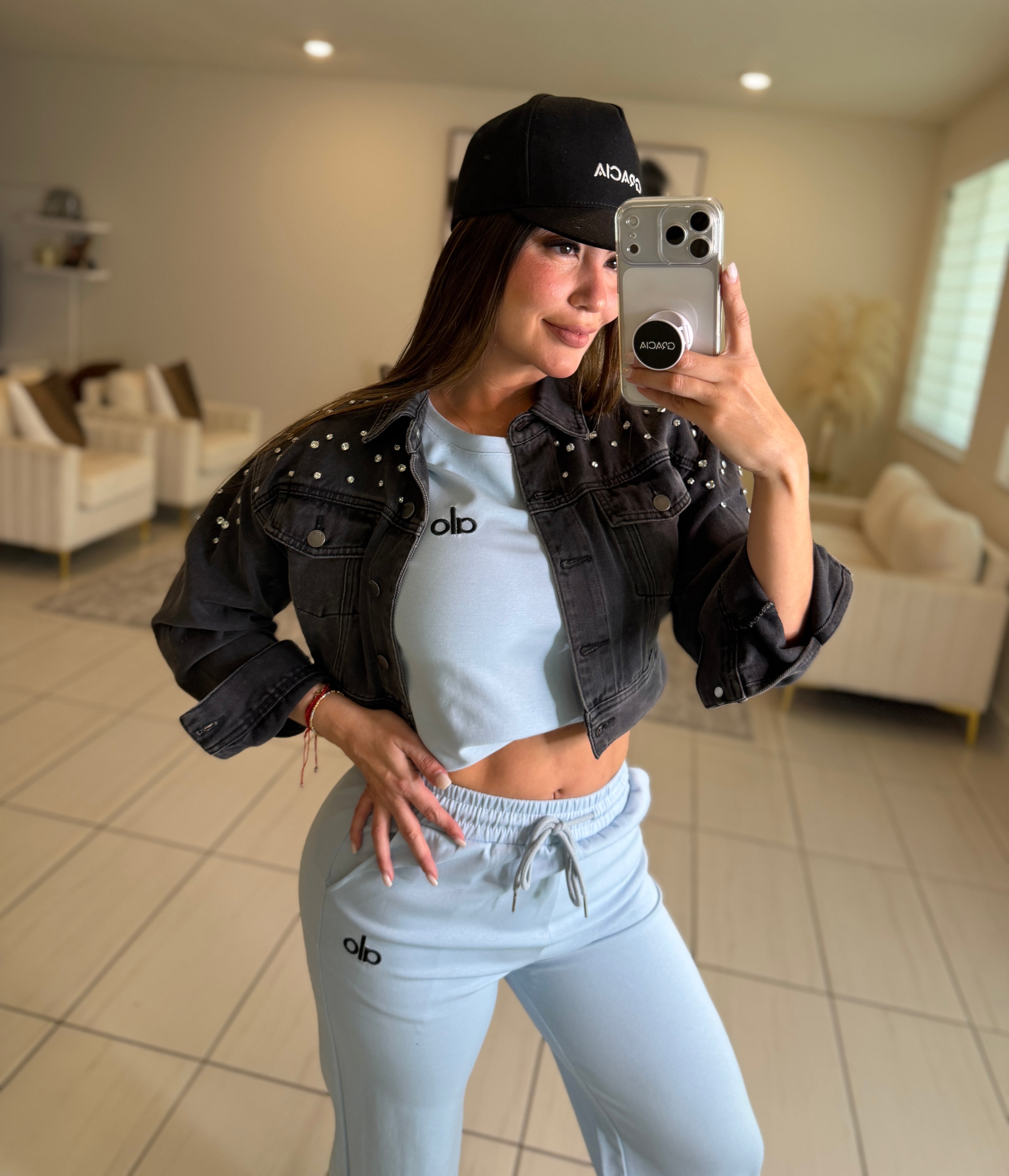 Rhinestones Veil Dark Grey Denim Jacket