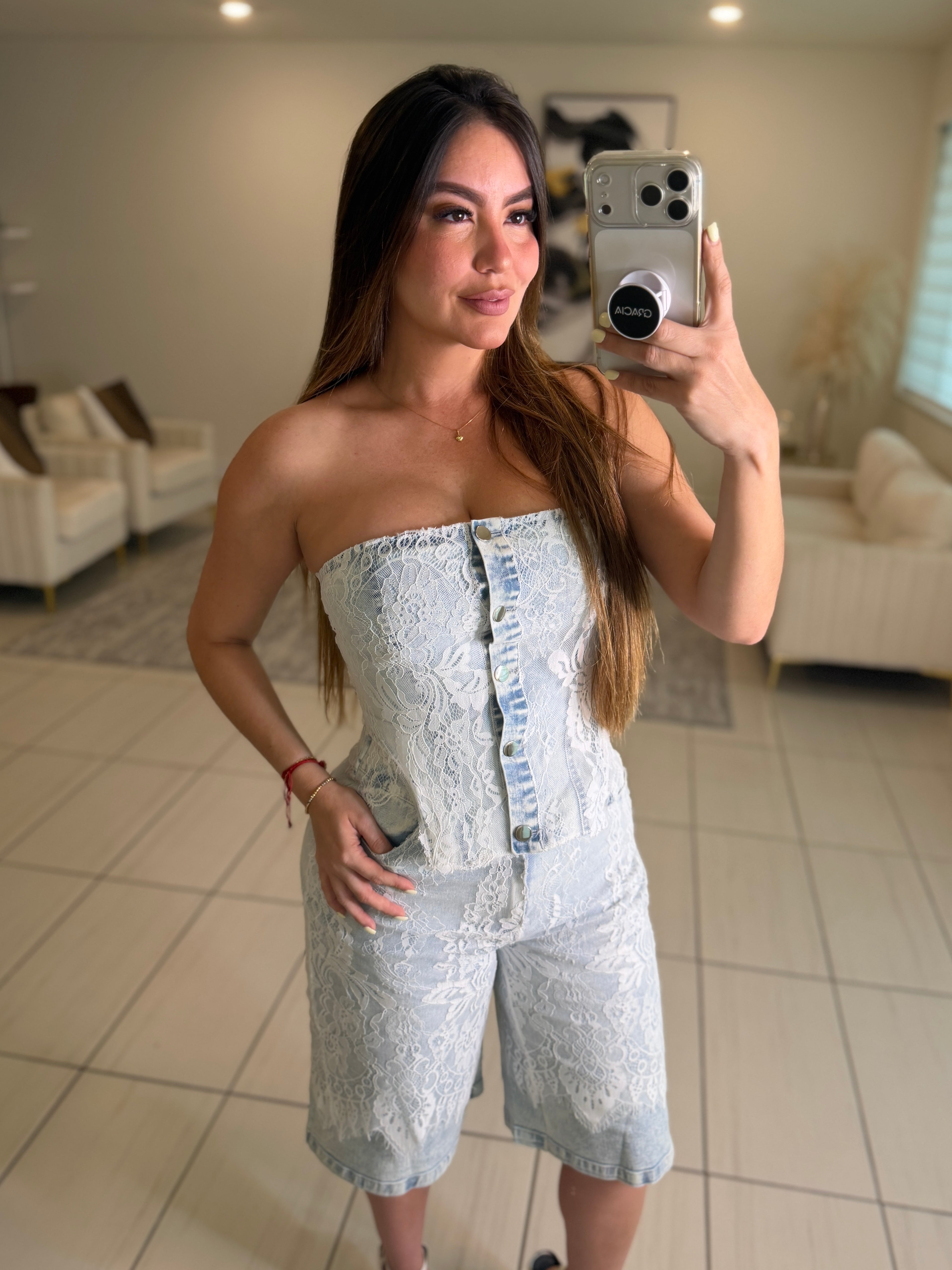 Power Muse Denim Lace Shorts Set