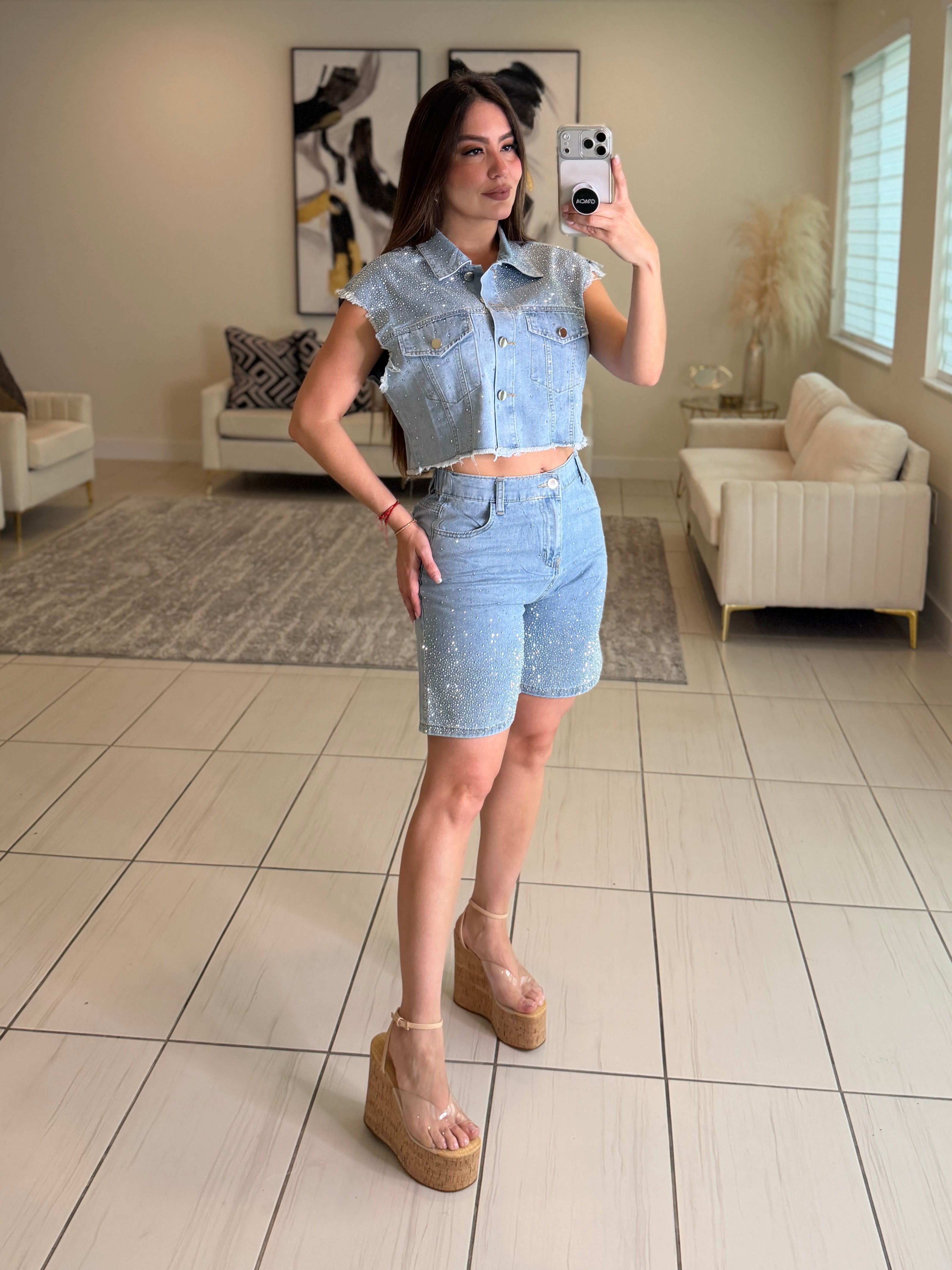 Rhinestones Muse Denim Short Set