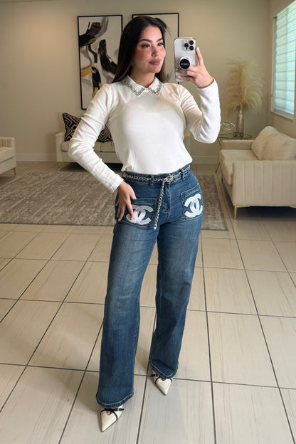 League Charm White Sweater Top