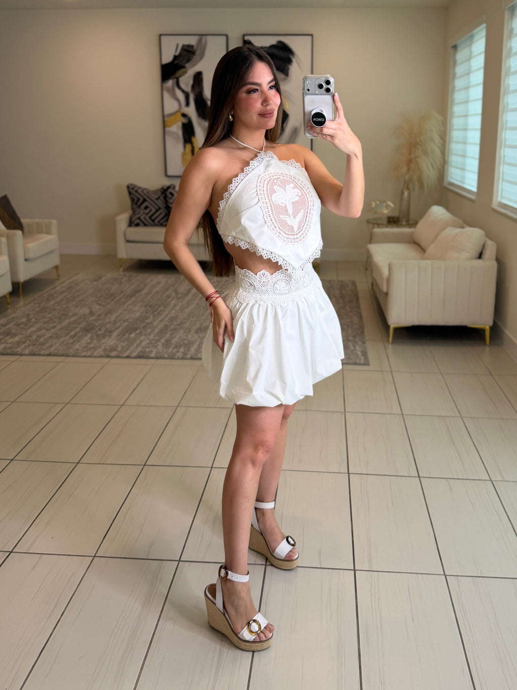 Blossom Crochet White Balloon Skirt Set