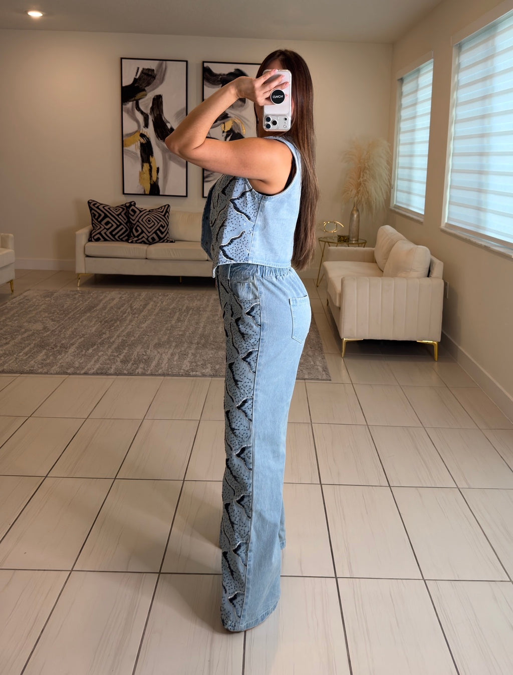 Perfect Sequin Details Denim Pant Set