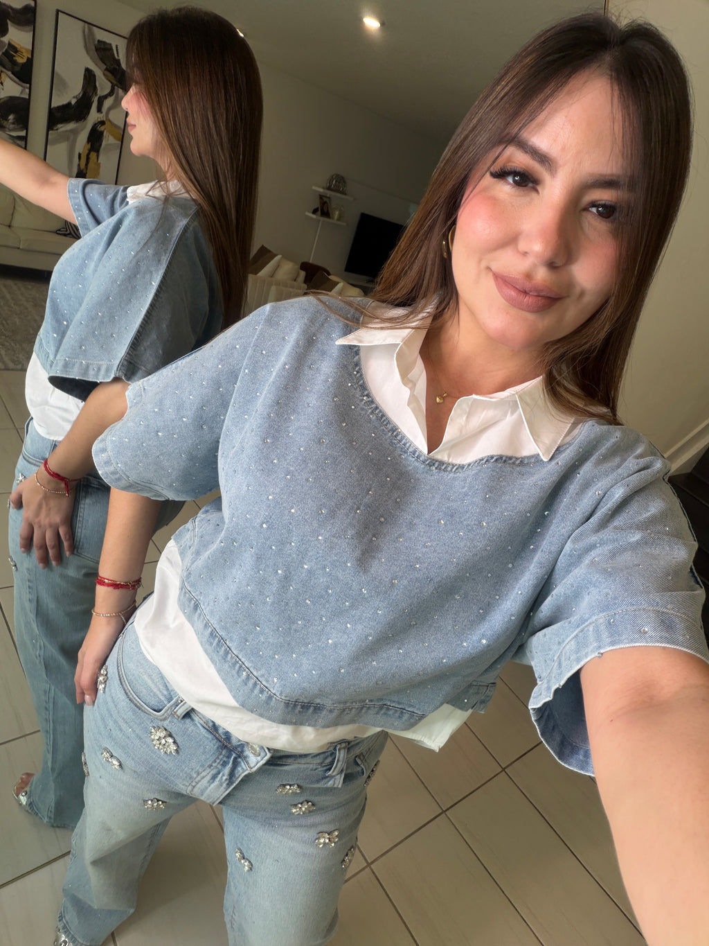 Sparkling Stones Flowers Denim Pants