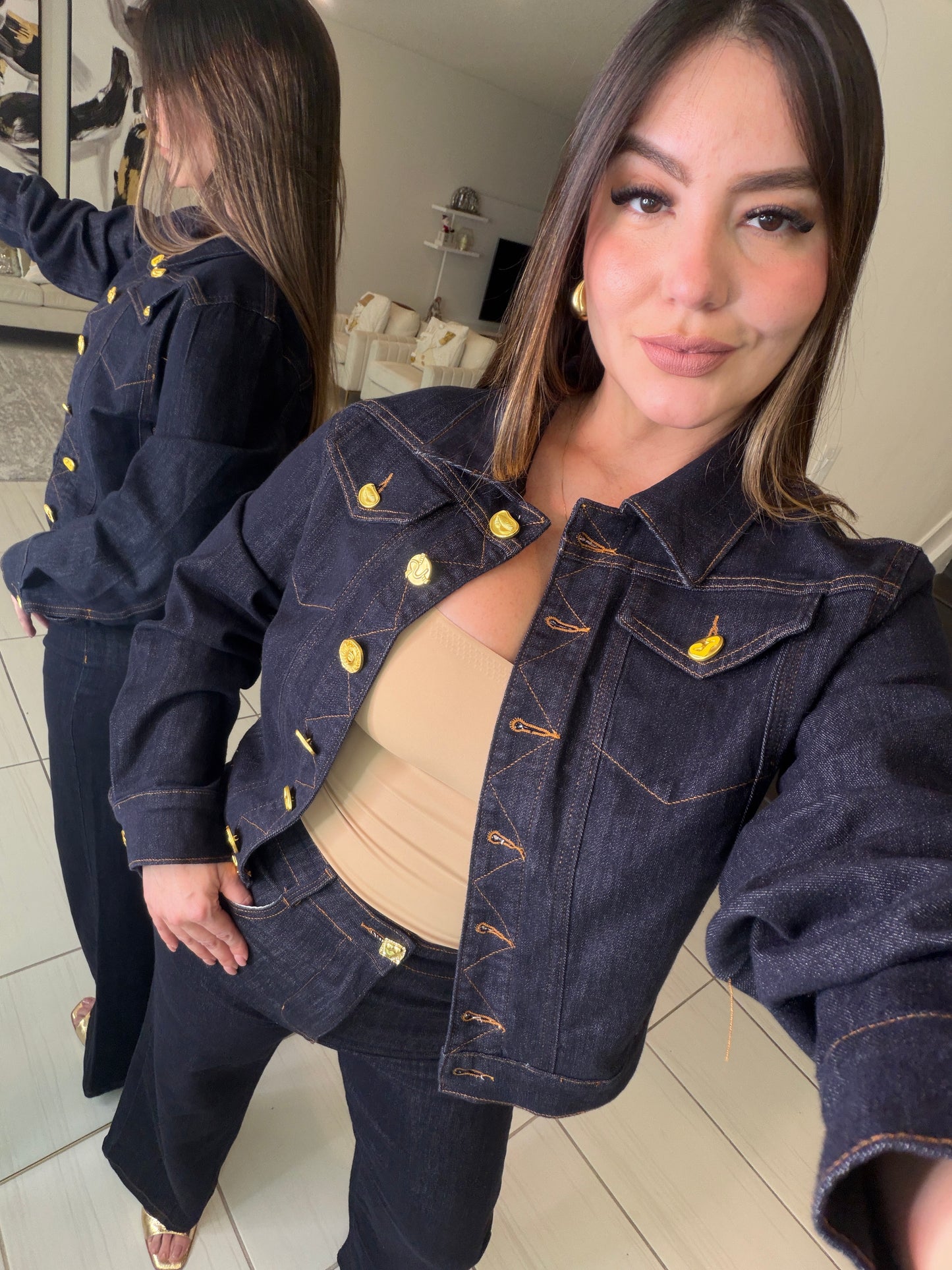 Luxe Gold Button Denim Pant Set