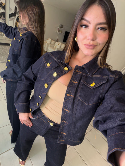 Luxe Gold Button Denim Pant Set