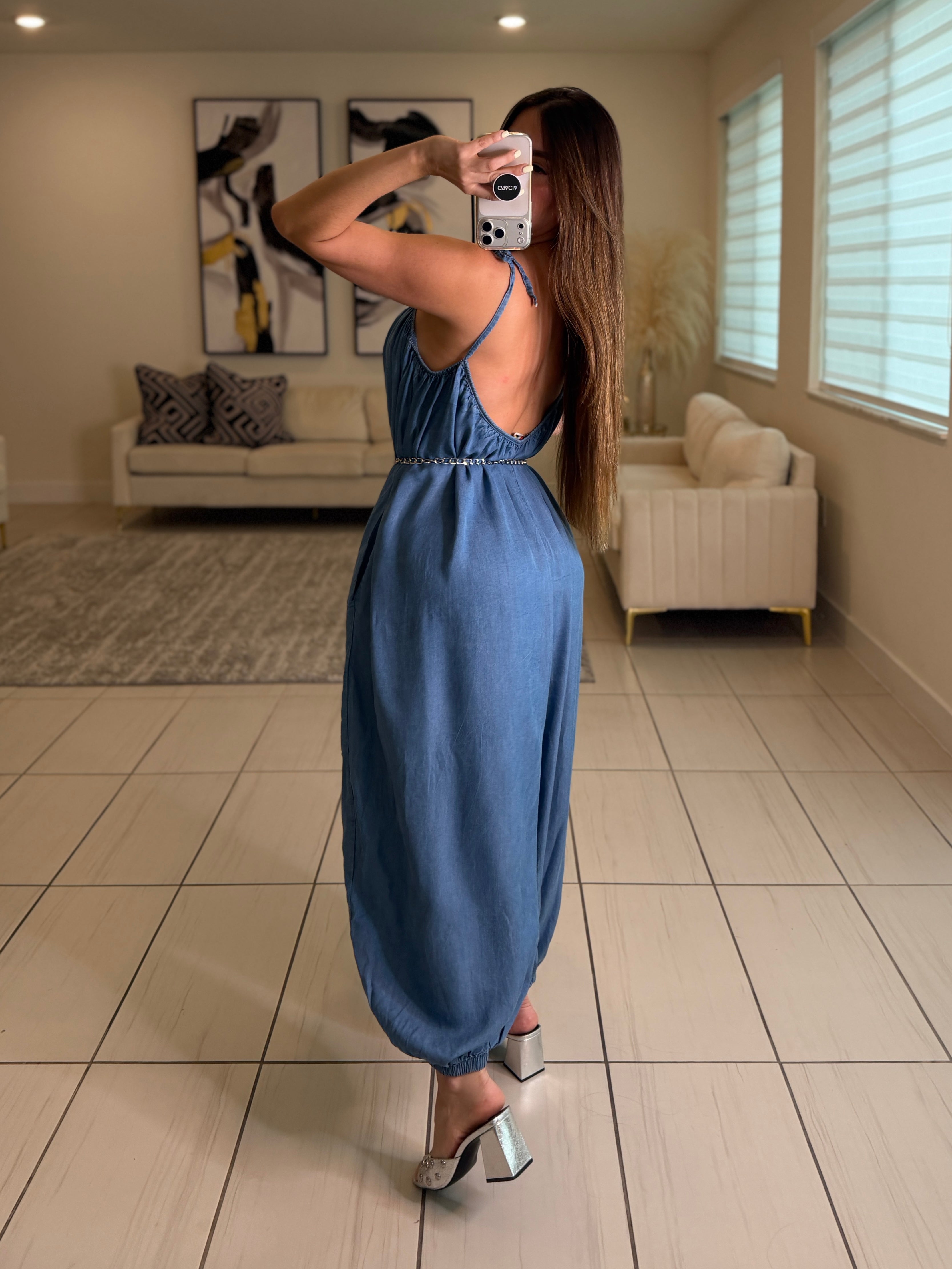 Effortless Essence Ruched Light Denim Jumpsuit