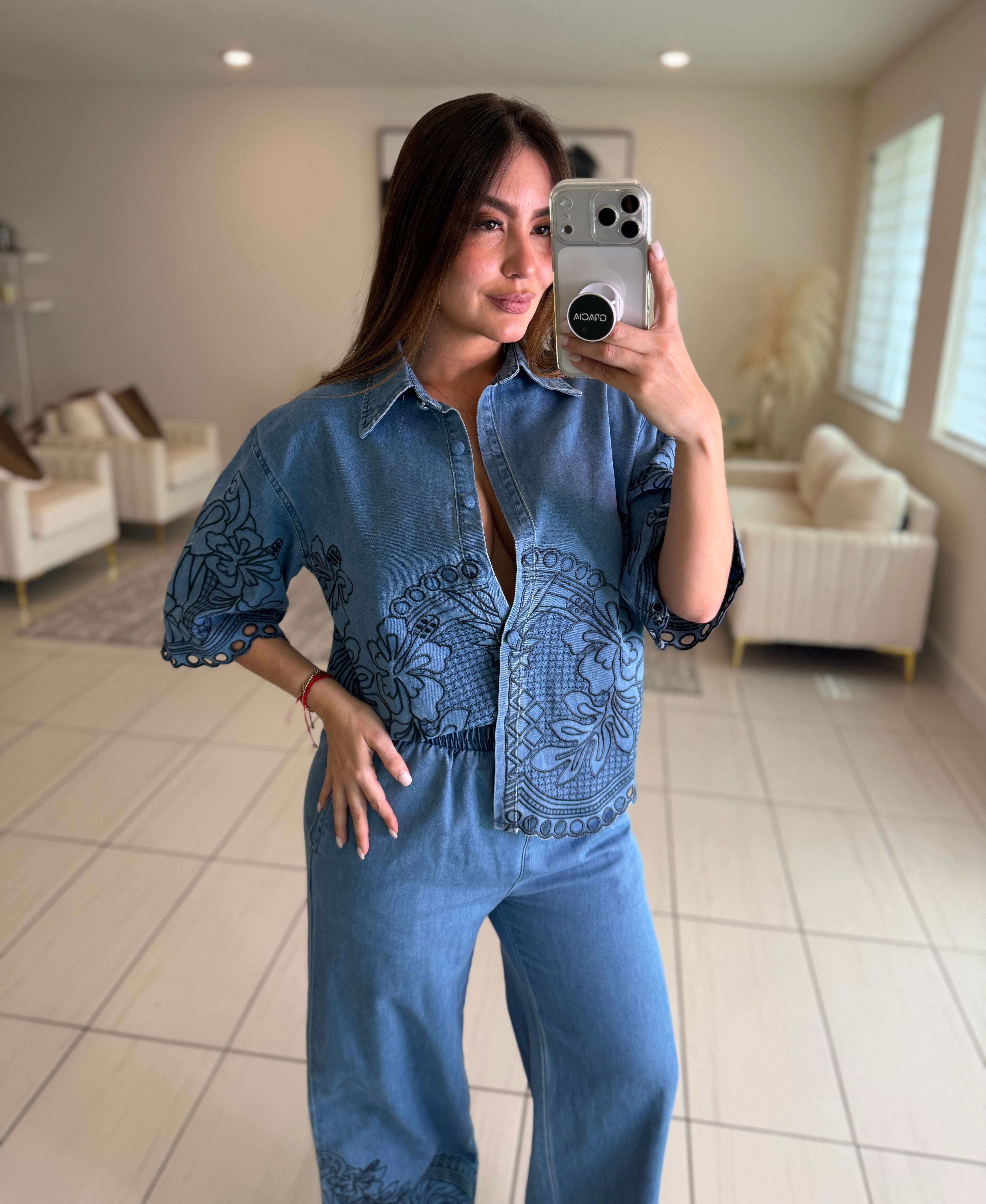 Paradise Embroidered Denim Pant Set