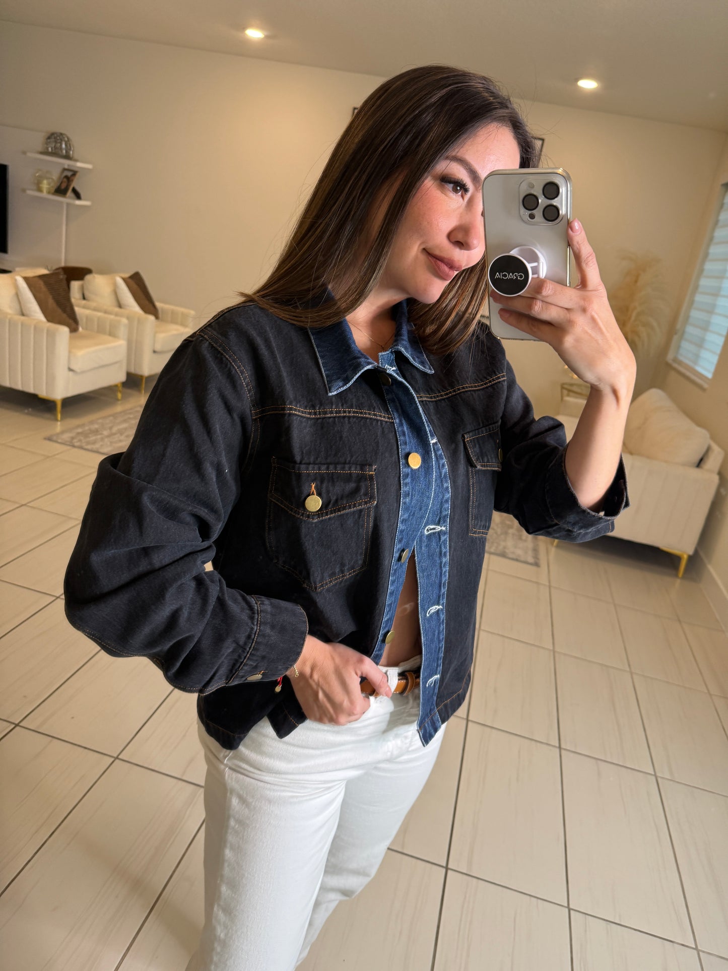 Iconic Contrast Black and Blue Denim Jacket
