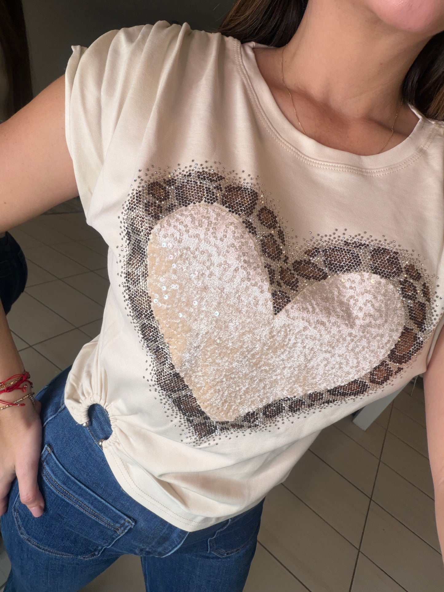 Leopard Heart Stones Beige Top