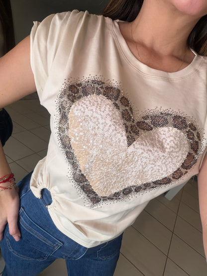 Leopard Heart Stones Beige Top