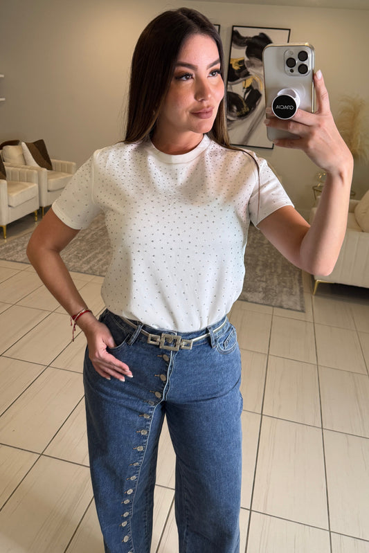 Rhinestones in Velvet White Top