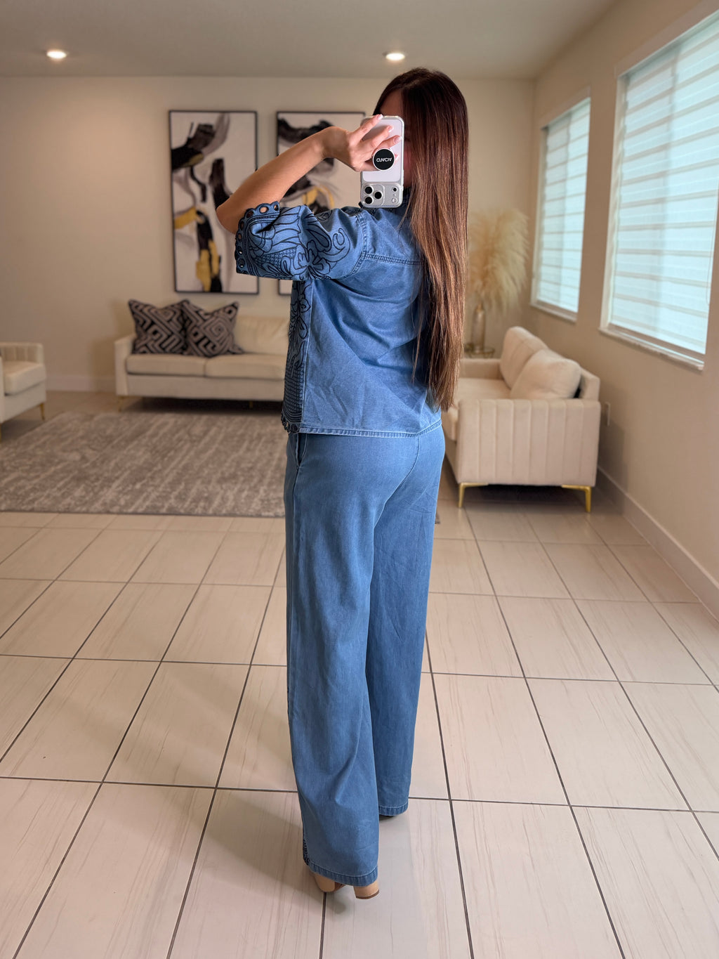 Paradise Embroidered Denim Pant Set