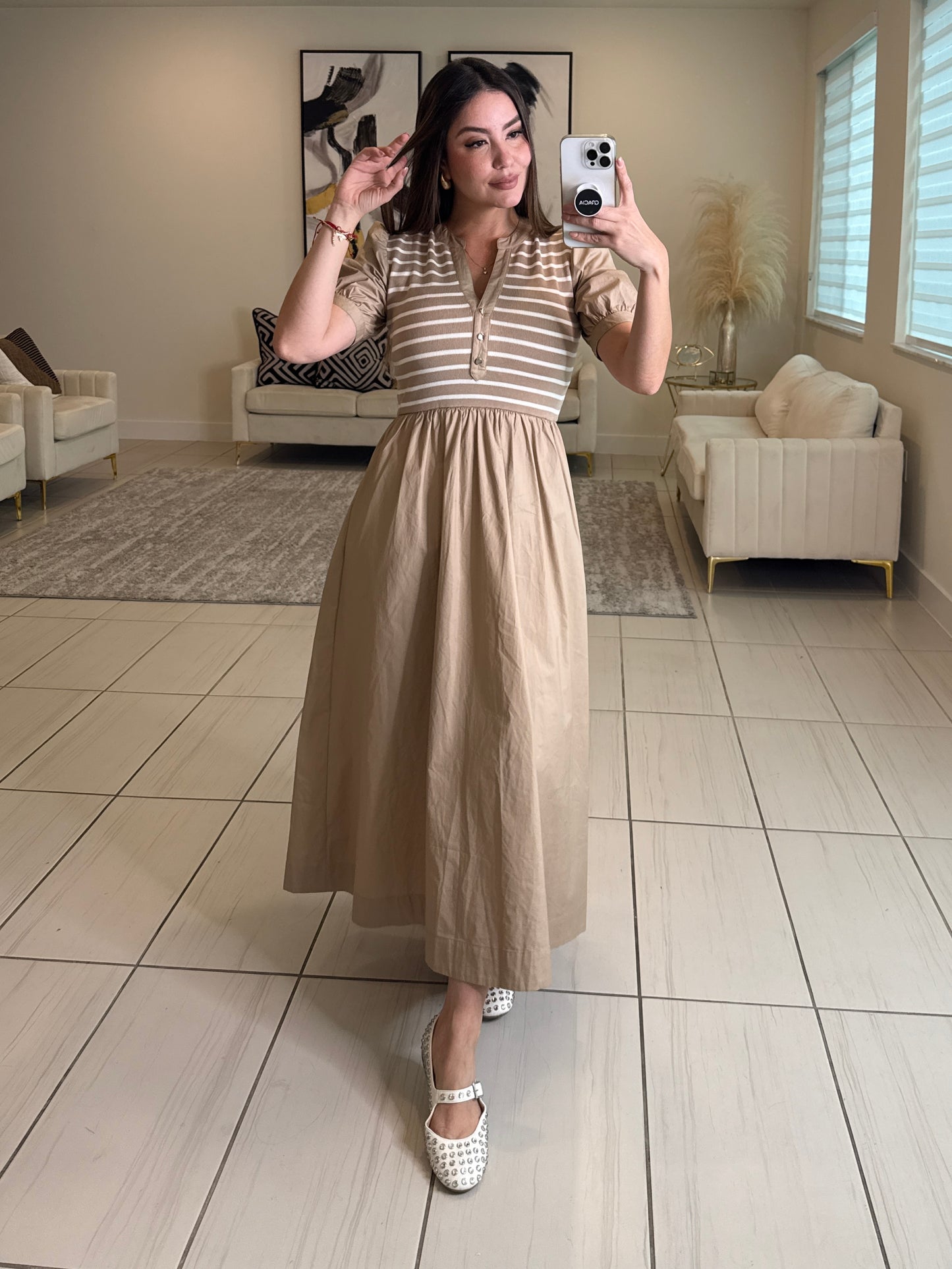 Lustrous Dream Beige Midi Dress