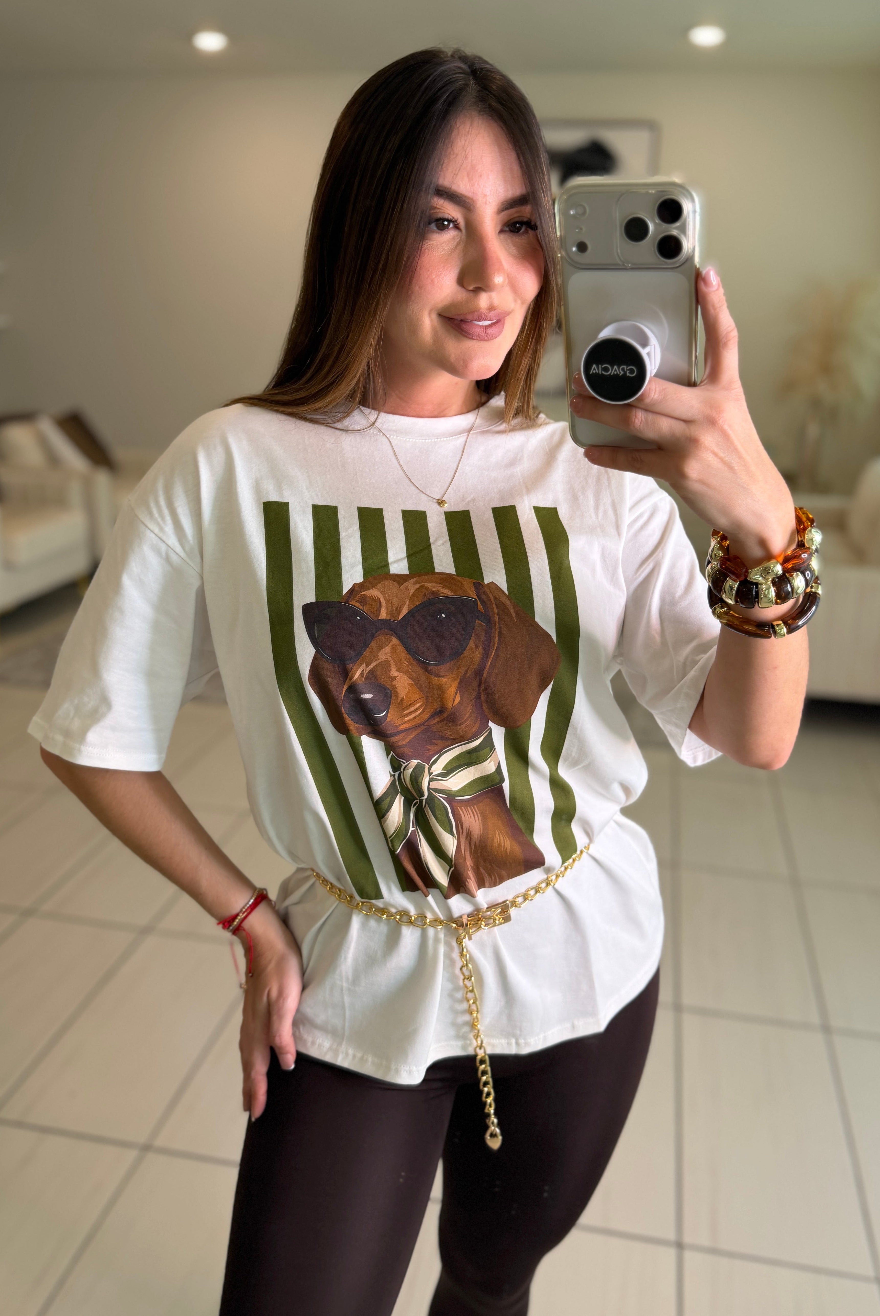 Chic Puppy Stripes White Tshirt