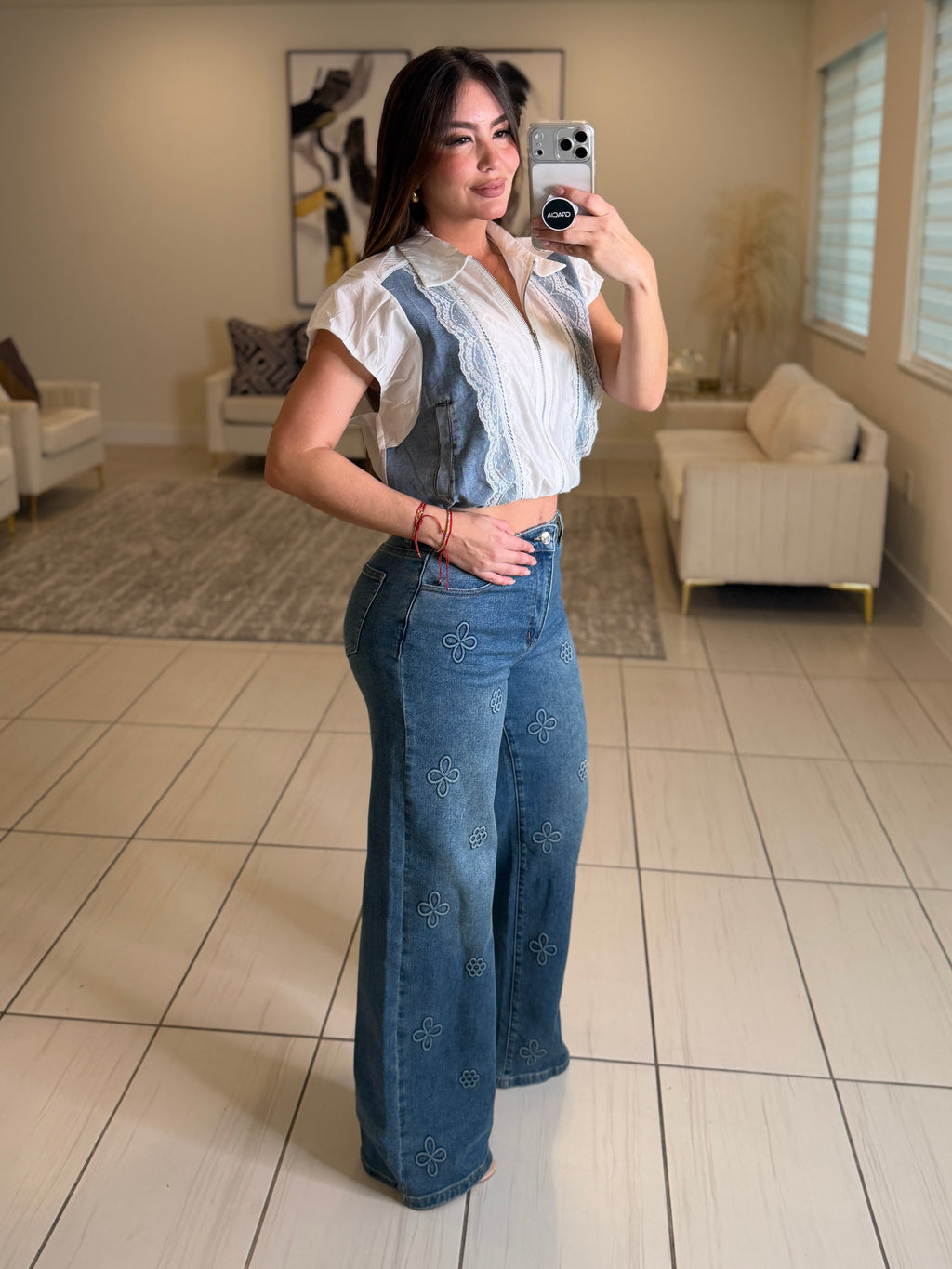 The Bloom Effect Floral Blue Denim Pants