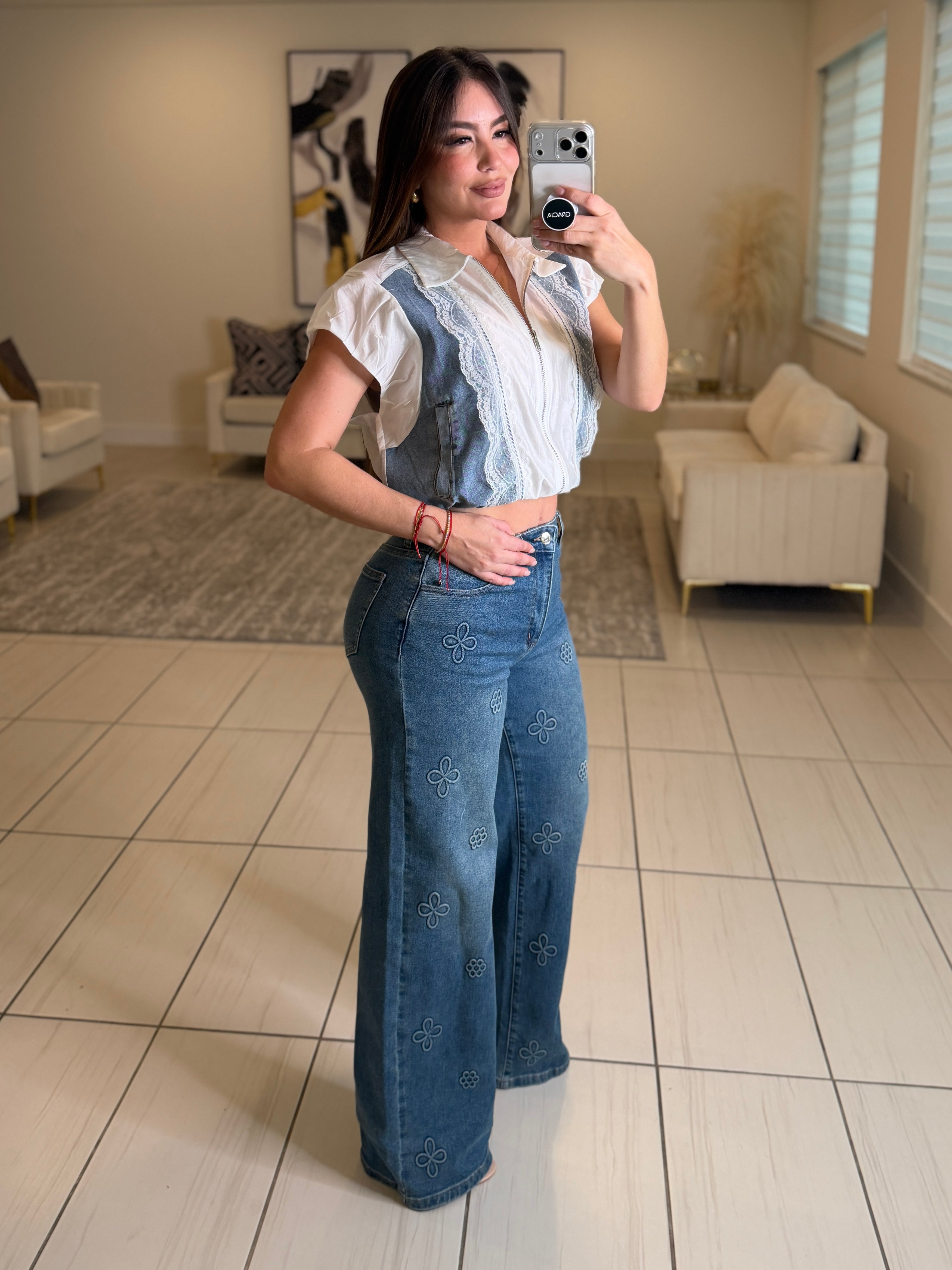 The Bloom Effect Floral Blue Denim Pants