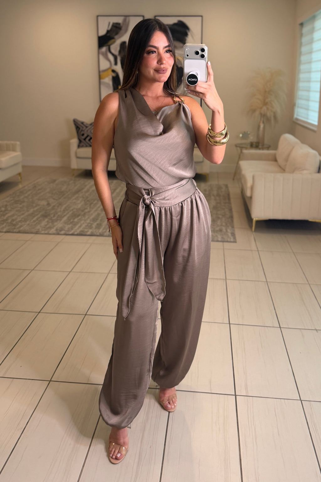Effortless Essence Ruched Taupe Pant Set