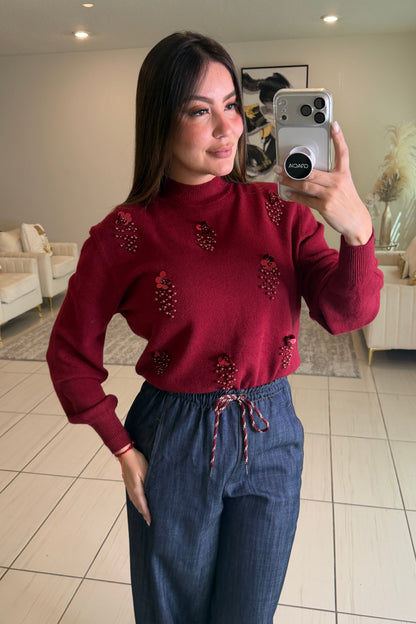 Pearls Red Wine Knit Sweater