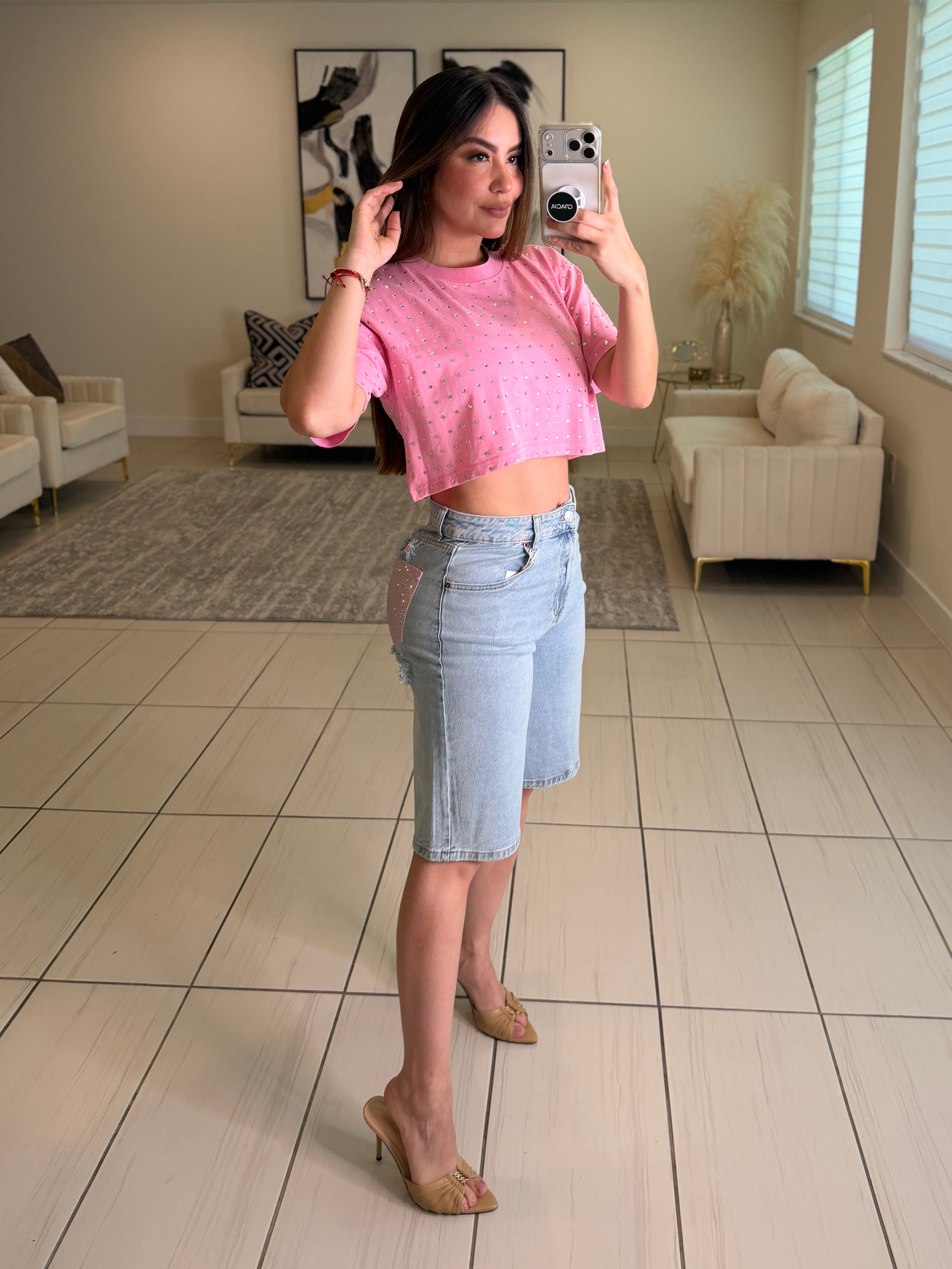 Glow Up Rhinestones Pink Top