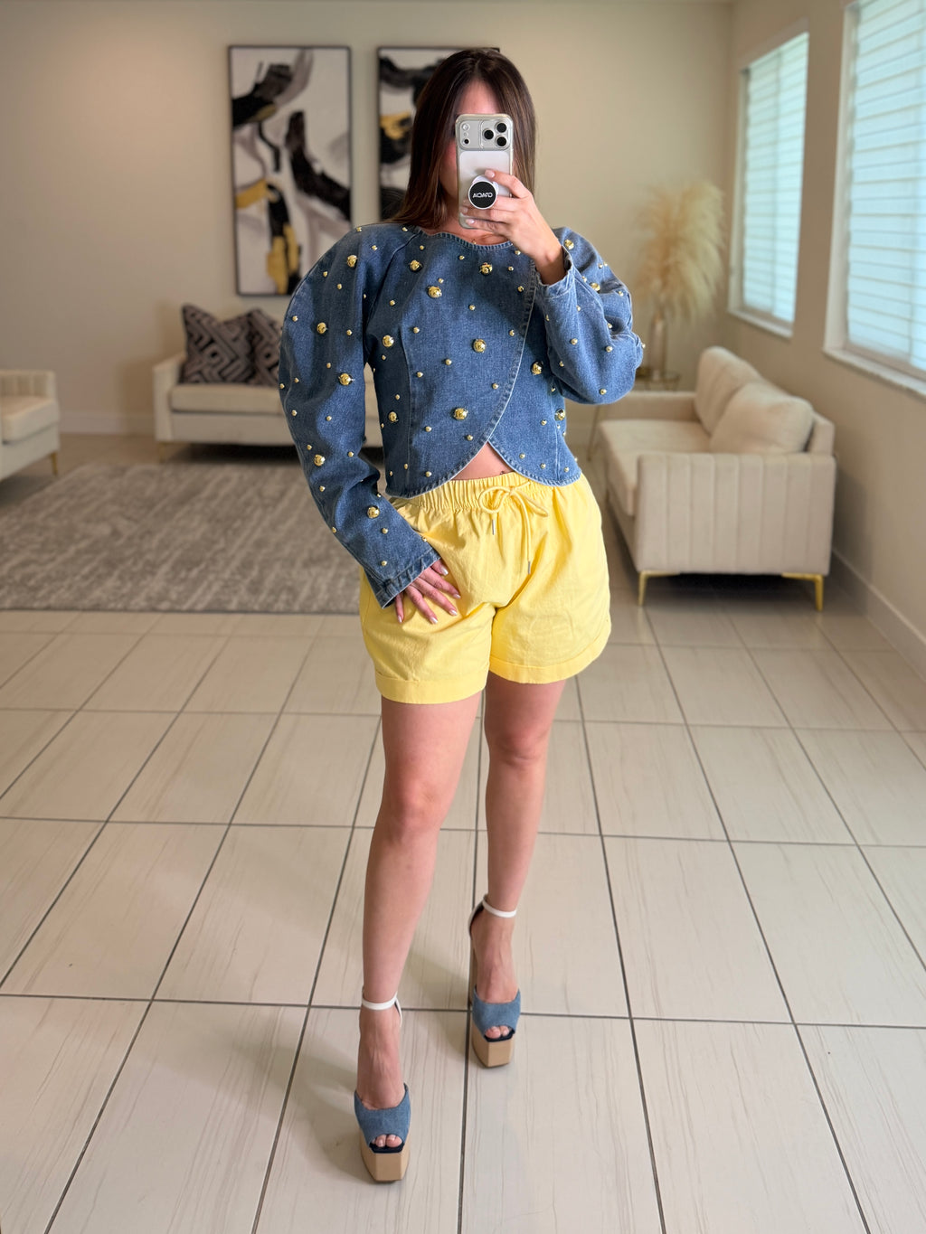 Golden Dots Denim Top