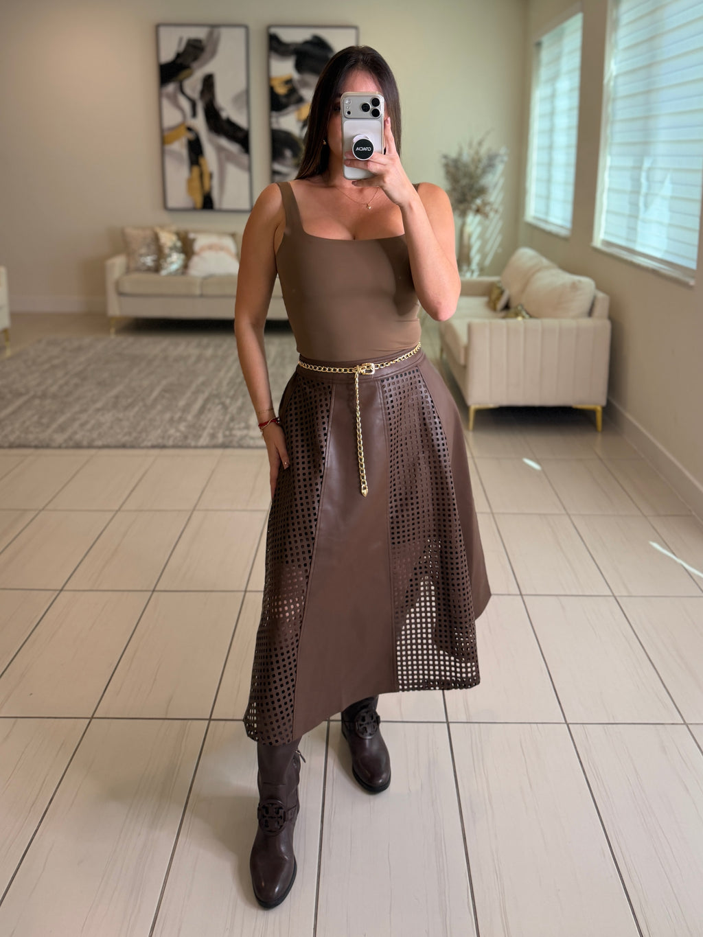 Luxe Faux Leather Brown Skirt Set