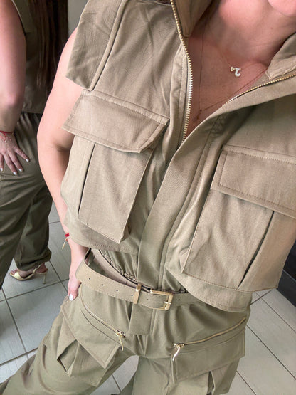 Forgive The Night Ruched Taupe Jumpsuit