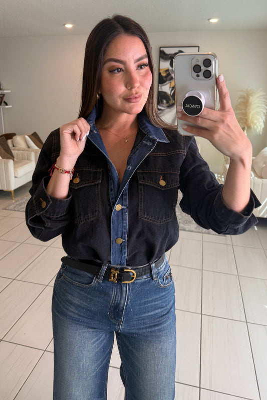 Iconic Contrast Black and Blue Denim Jacket