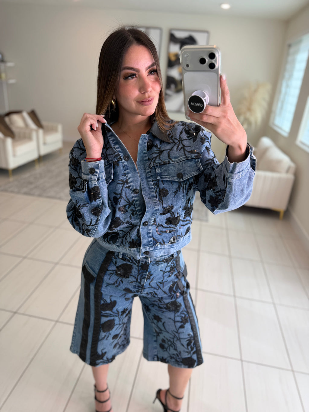 Midnight Bloom Denim Shorts Set