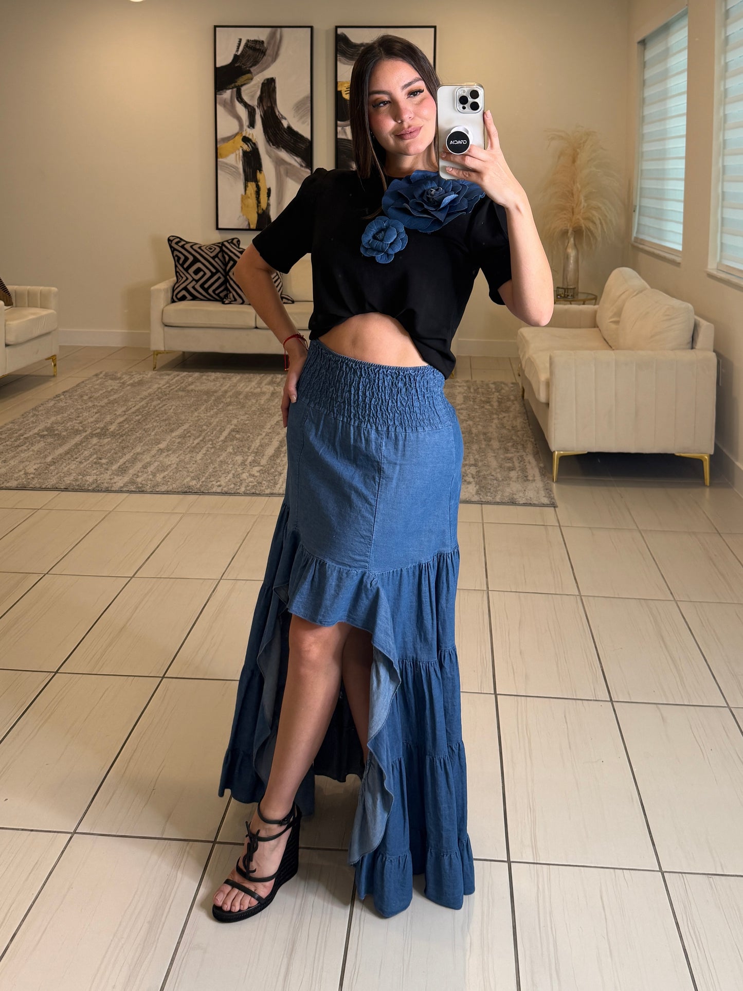 Petal Denim Black Top
