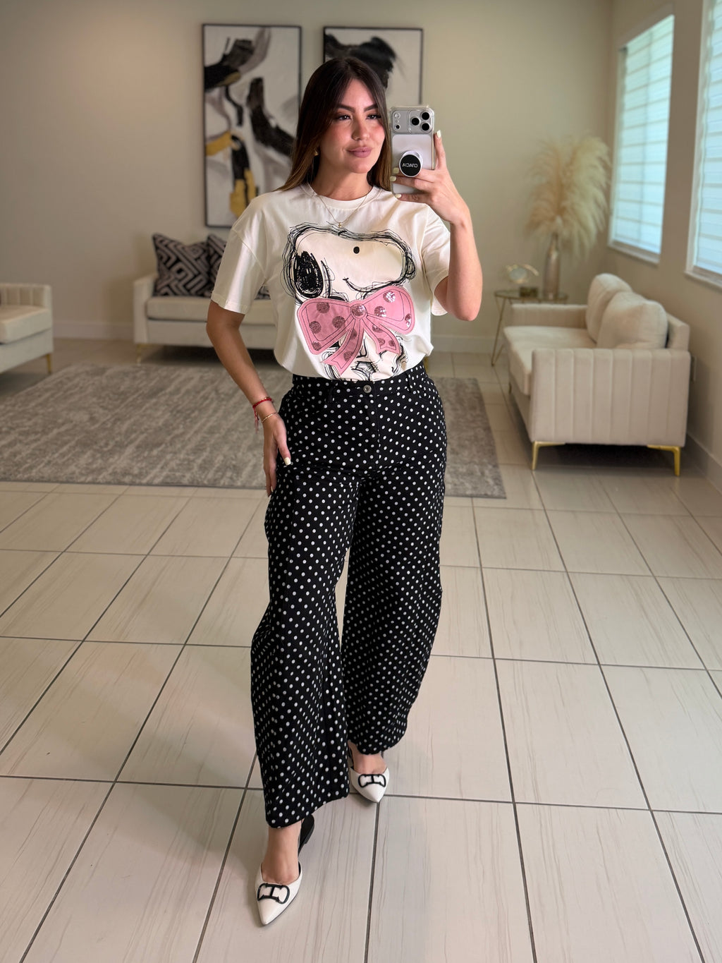 Pink Dots Bow Beige Tshirt