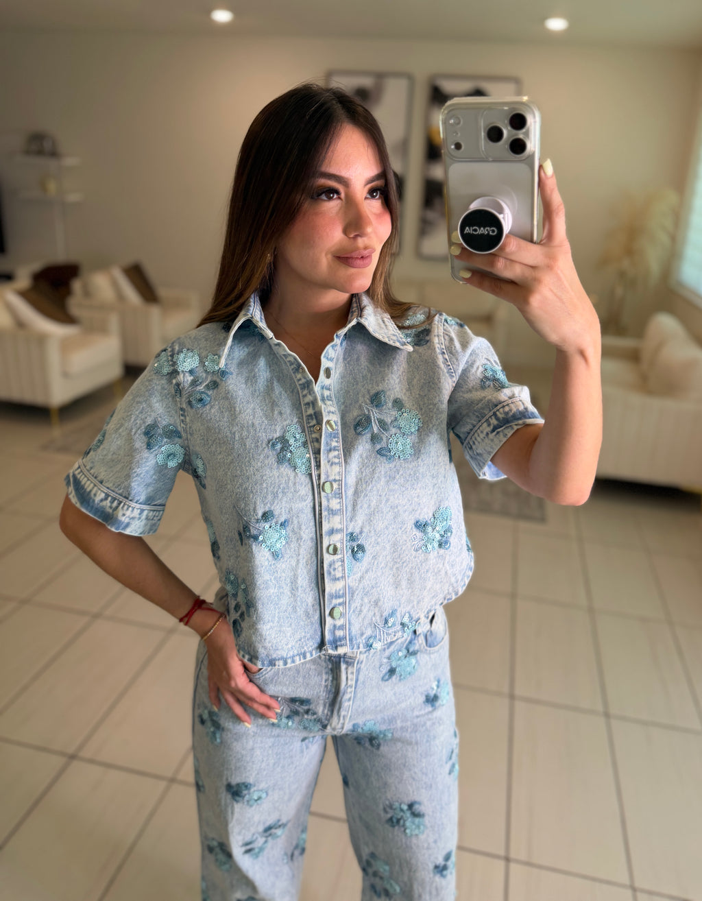 Blossom Sequin Denim Pant Set