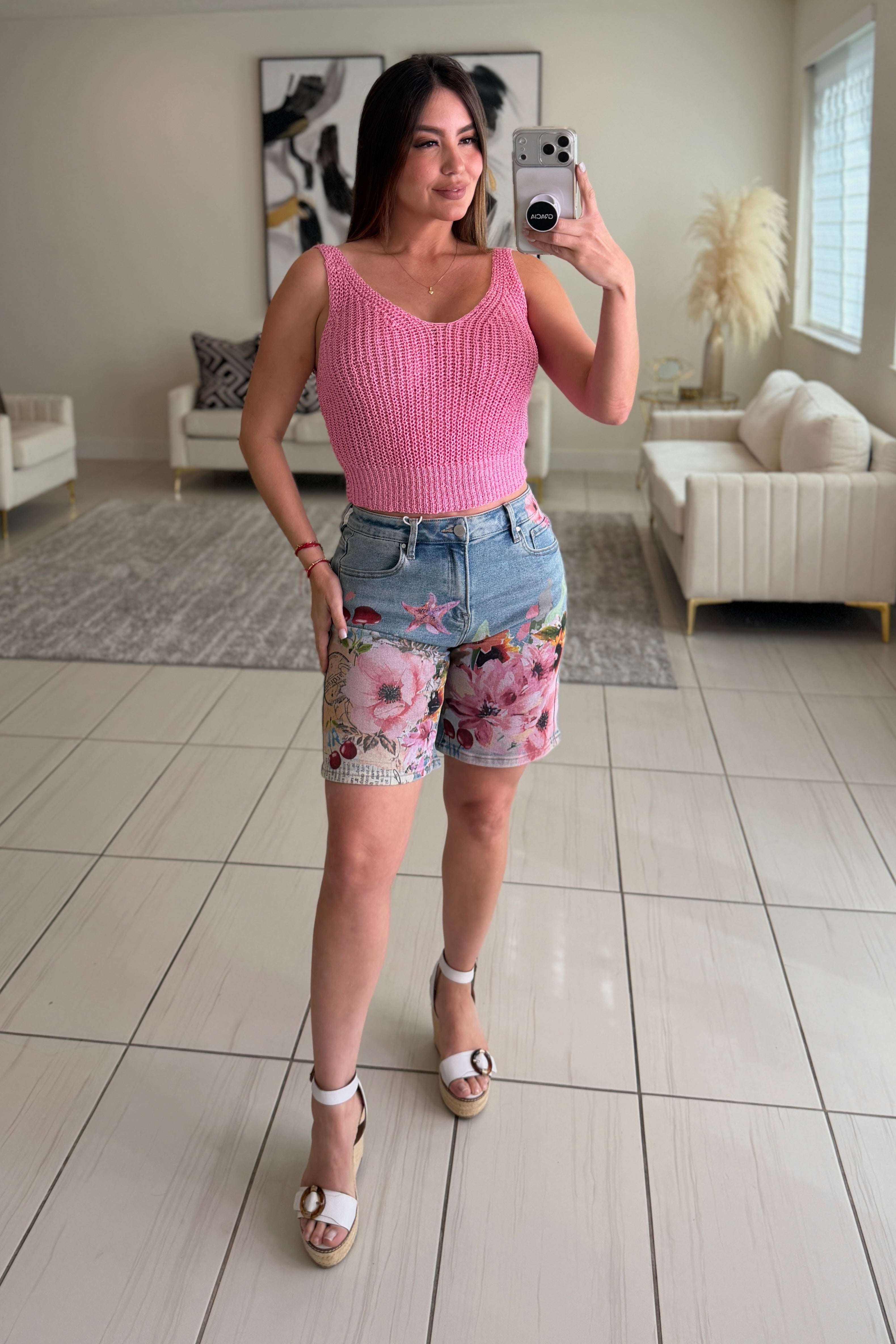 Flowers and Cherries Denim Bermuda Short