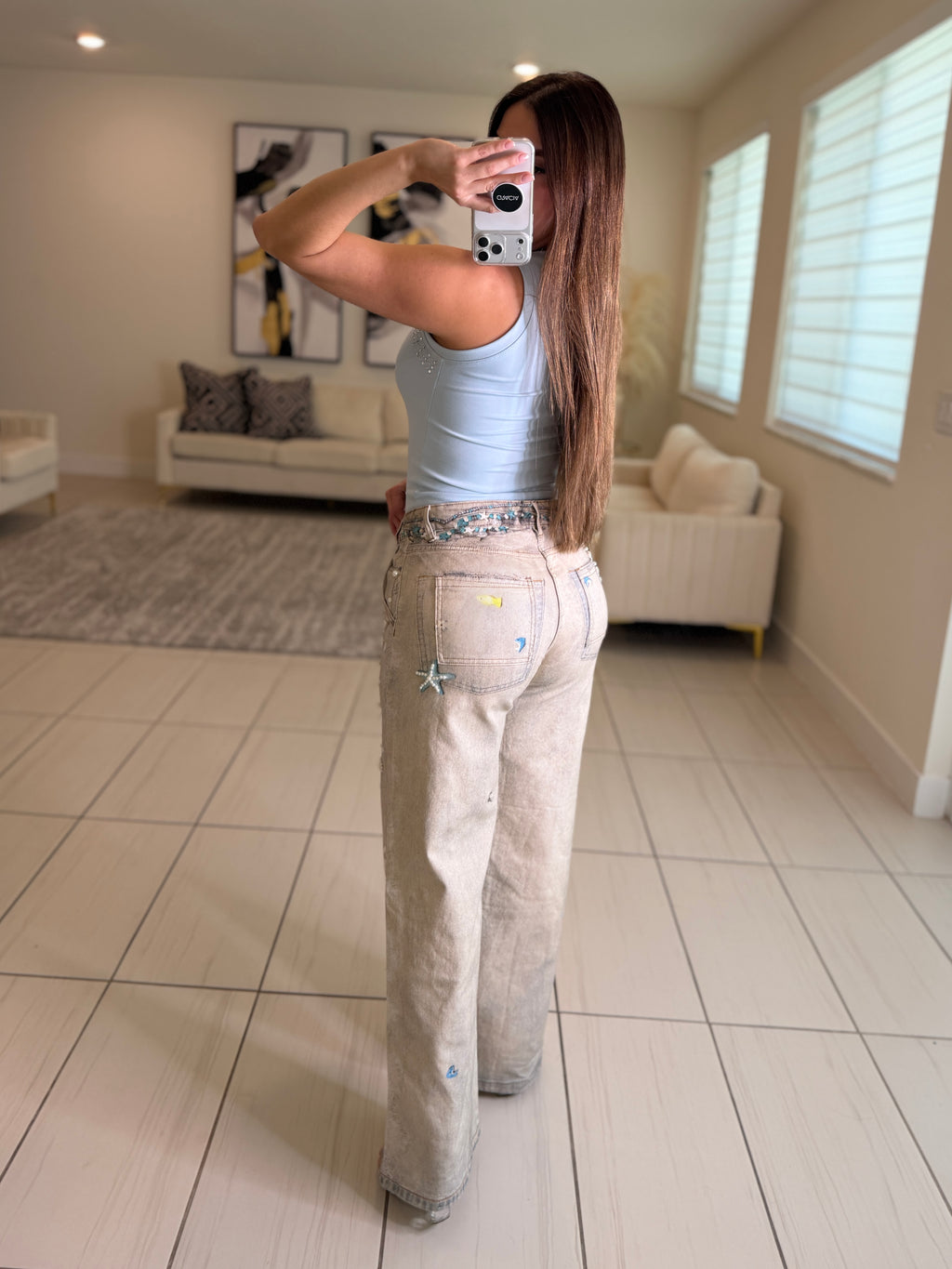 Glam Seashells Beige Denim Pants