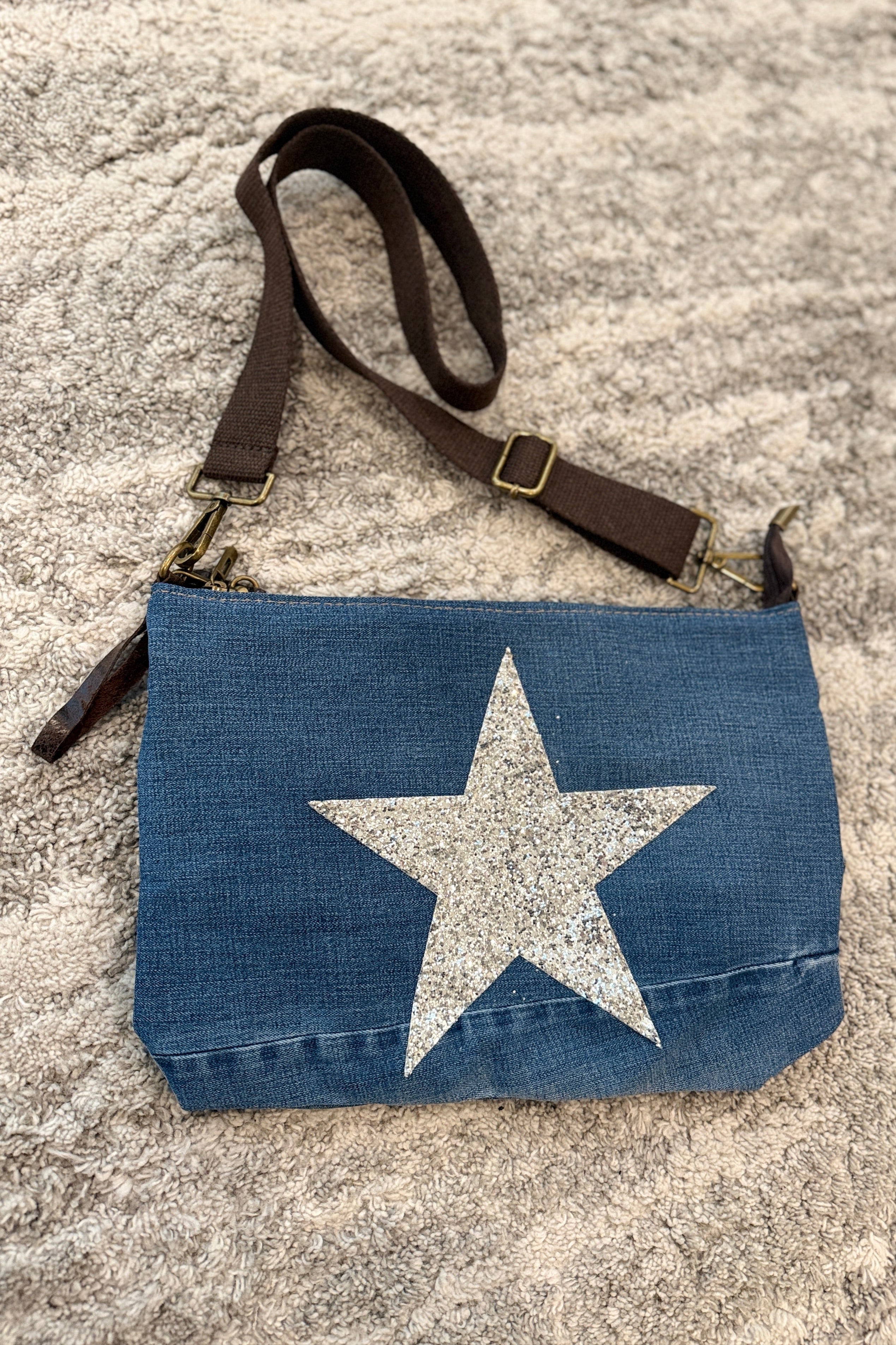 Silver Star Denim Crossbody Bag