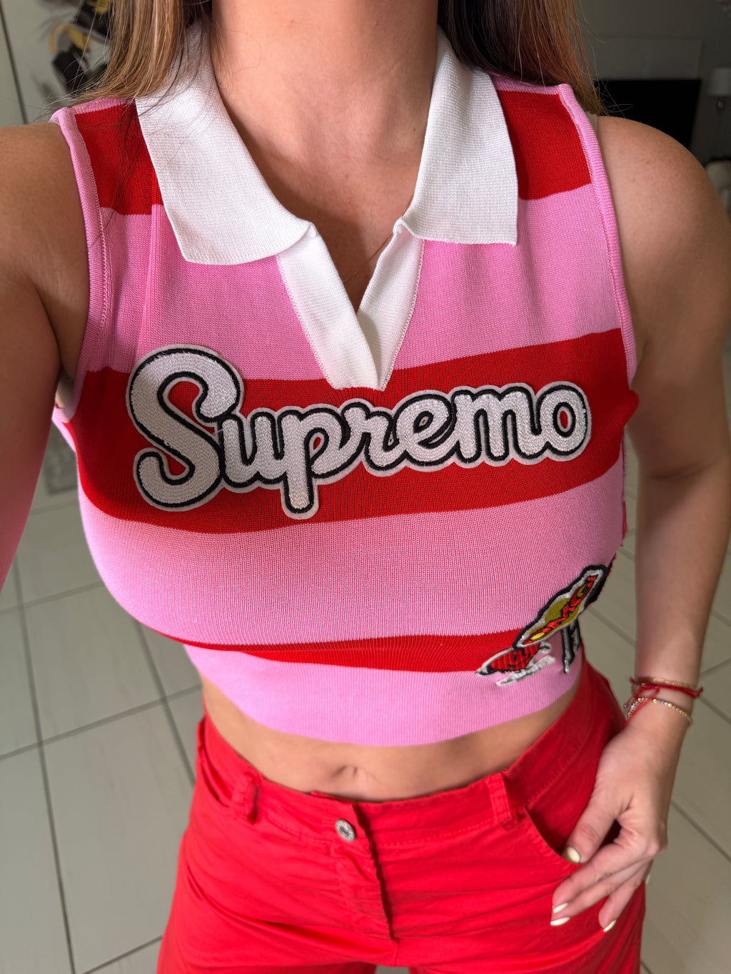 Supremo Horizontal Stripes Red and Pink Top