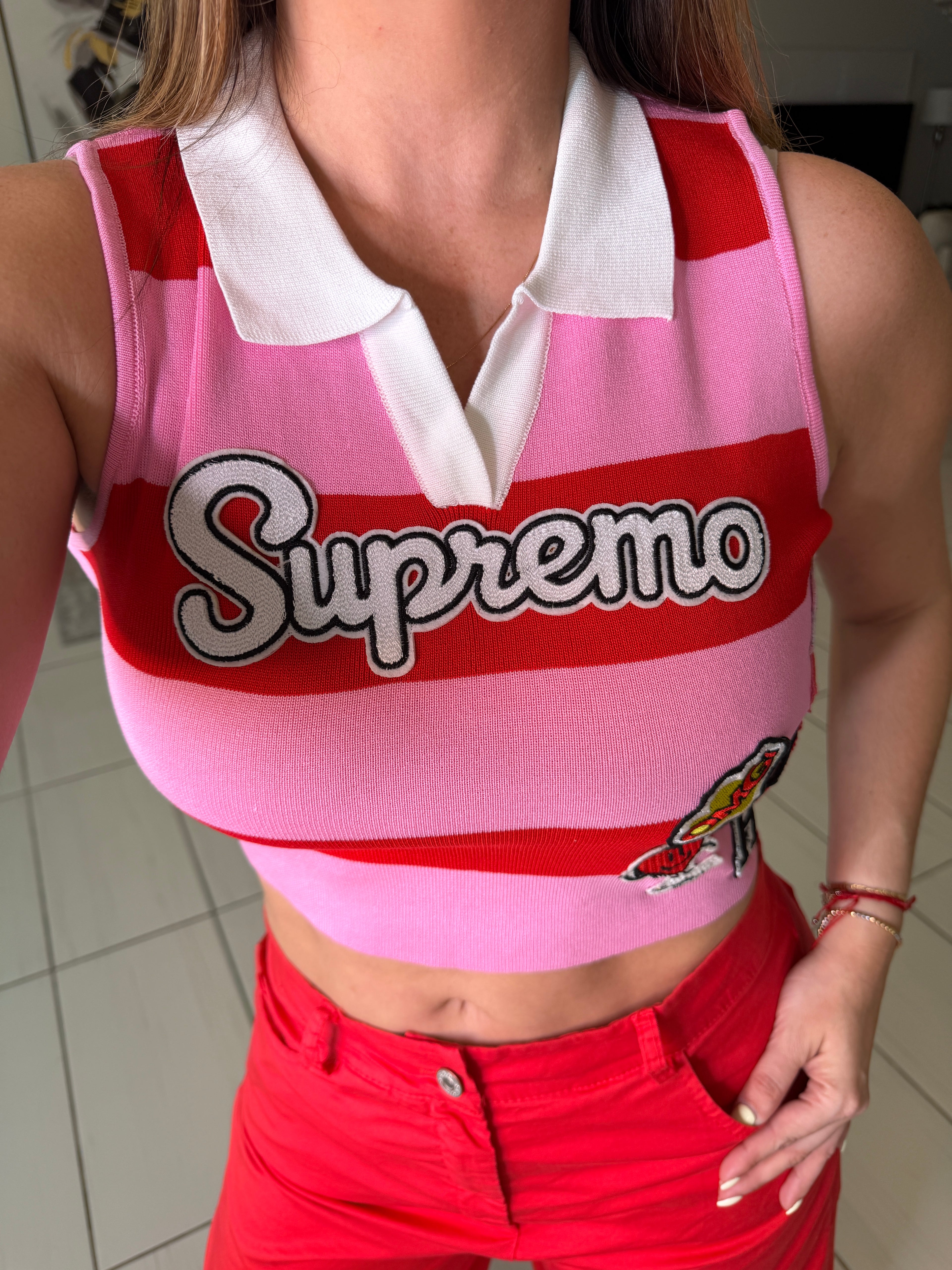 Supremo Horizontal Stripes Red and Pink Top
